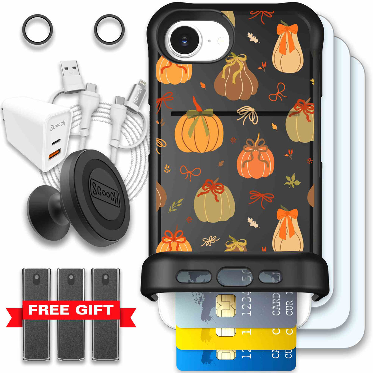 Pretty Pumpkins orange pumpkin and bow pattern on a Scooch Wingmate case for iPhone 17e - Ultimate Bundle
