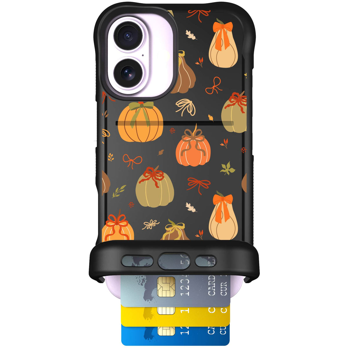 Pretty Pumpkins orange pumpkin and bow pattern on a Scooch Wingmate case for iPhone 17