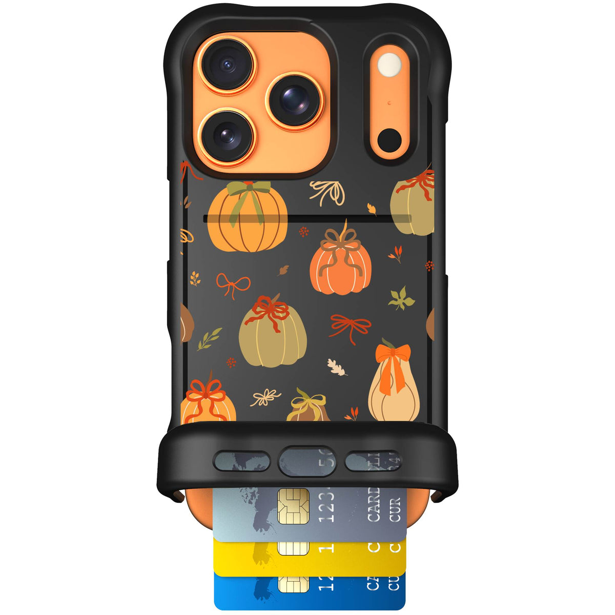Pretty Pumpkins orange pumpkin and bow pattern on a Scooch Wingmate case for iPhone 17 Pro