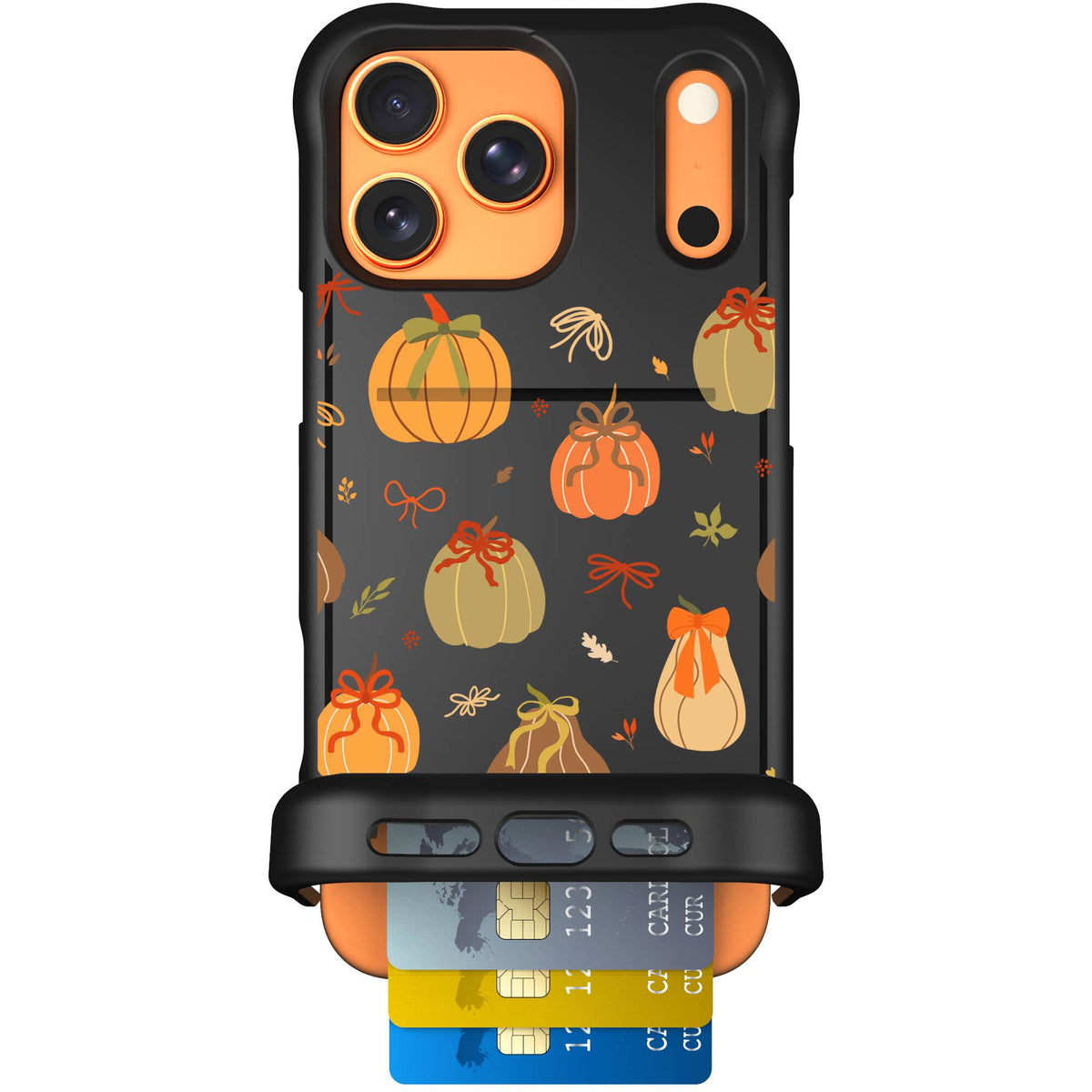 Pretty Pumpkins orange pumpkin and bow pattern on a Scooch Wingmate case for iPhone 17 Pro Max