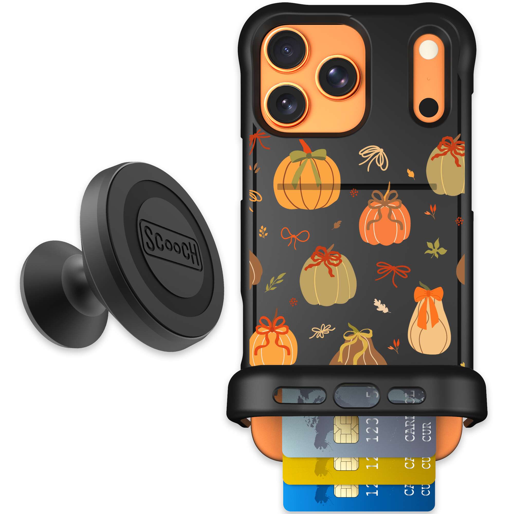 Pretty Pumpkins orange pumpkin and bow pattern on a Scooch Wingmate case for iPhone 17 Pro Max - Starter Bundle
