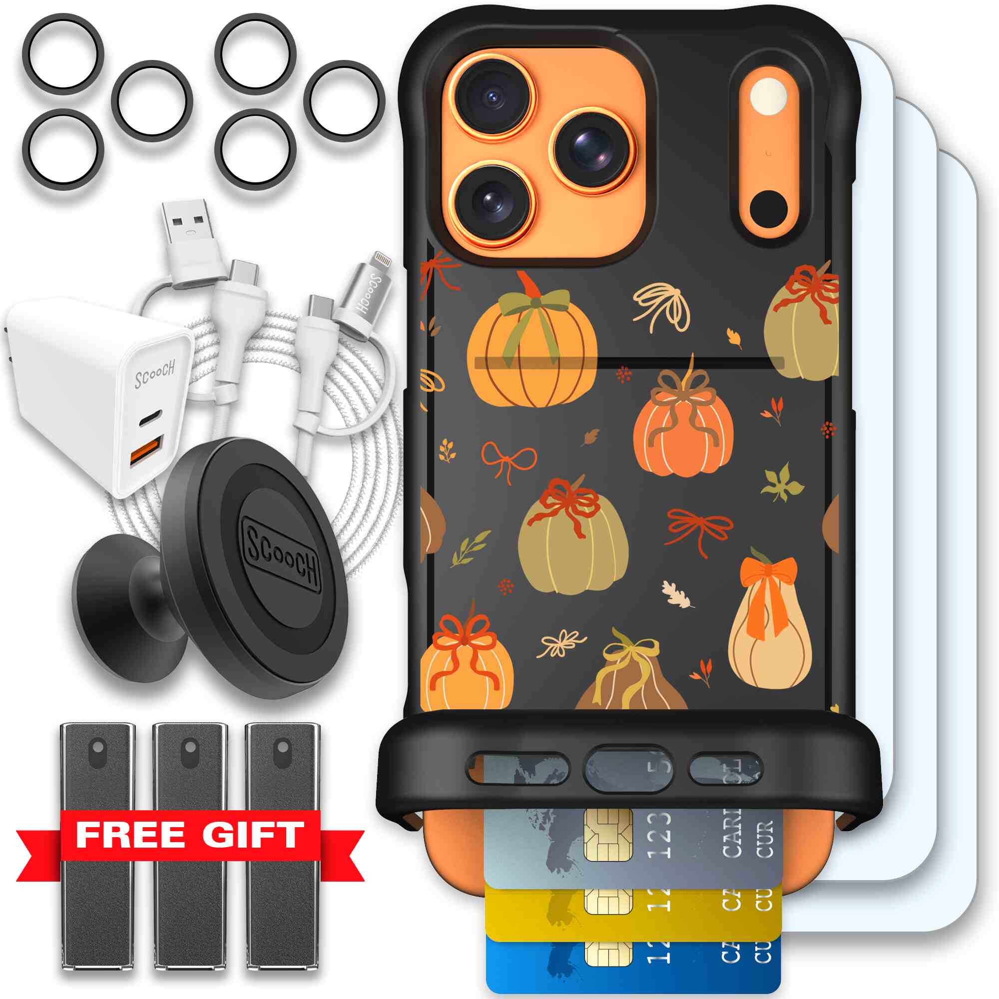 Pretty Pumpkins orange pumpkin and bow pattern on a Scooch Wingmate case for iPhone 17 Pro Max - Ultimate Bundle