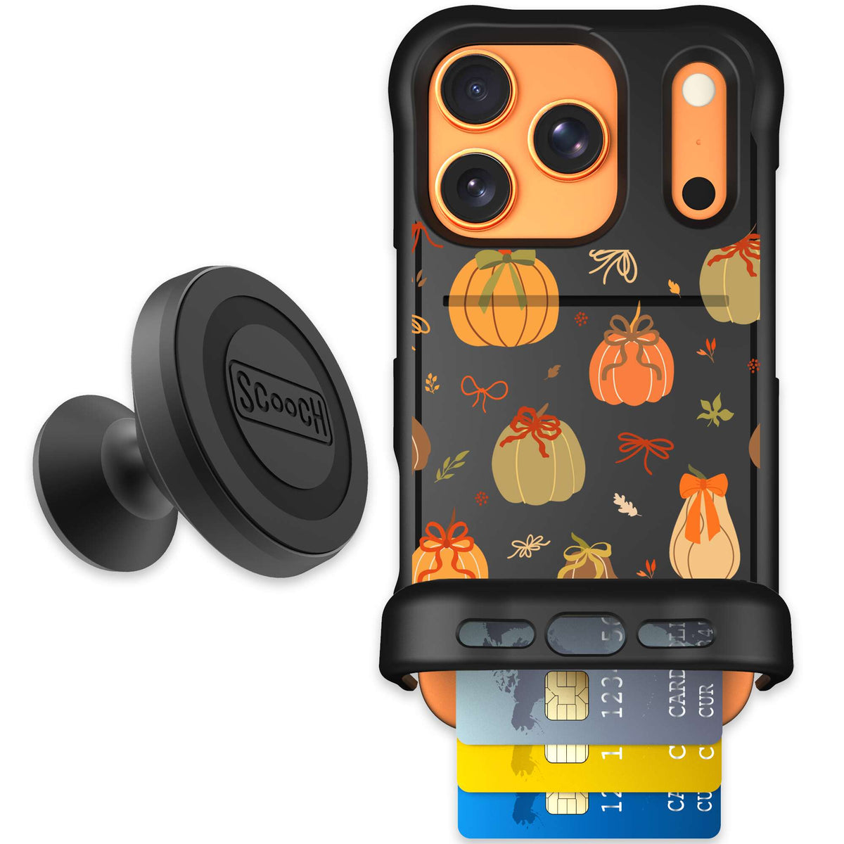 Pretty Pumpkins orange pumpkin and bow pattern on a Scooch Wingmate case for iPhone 17 Pro - Starter Bundle