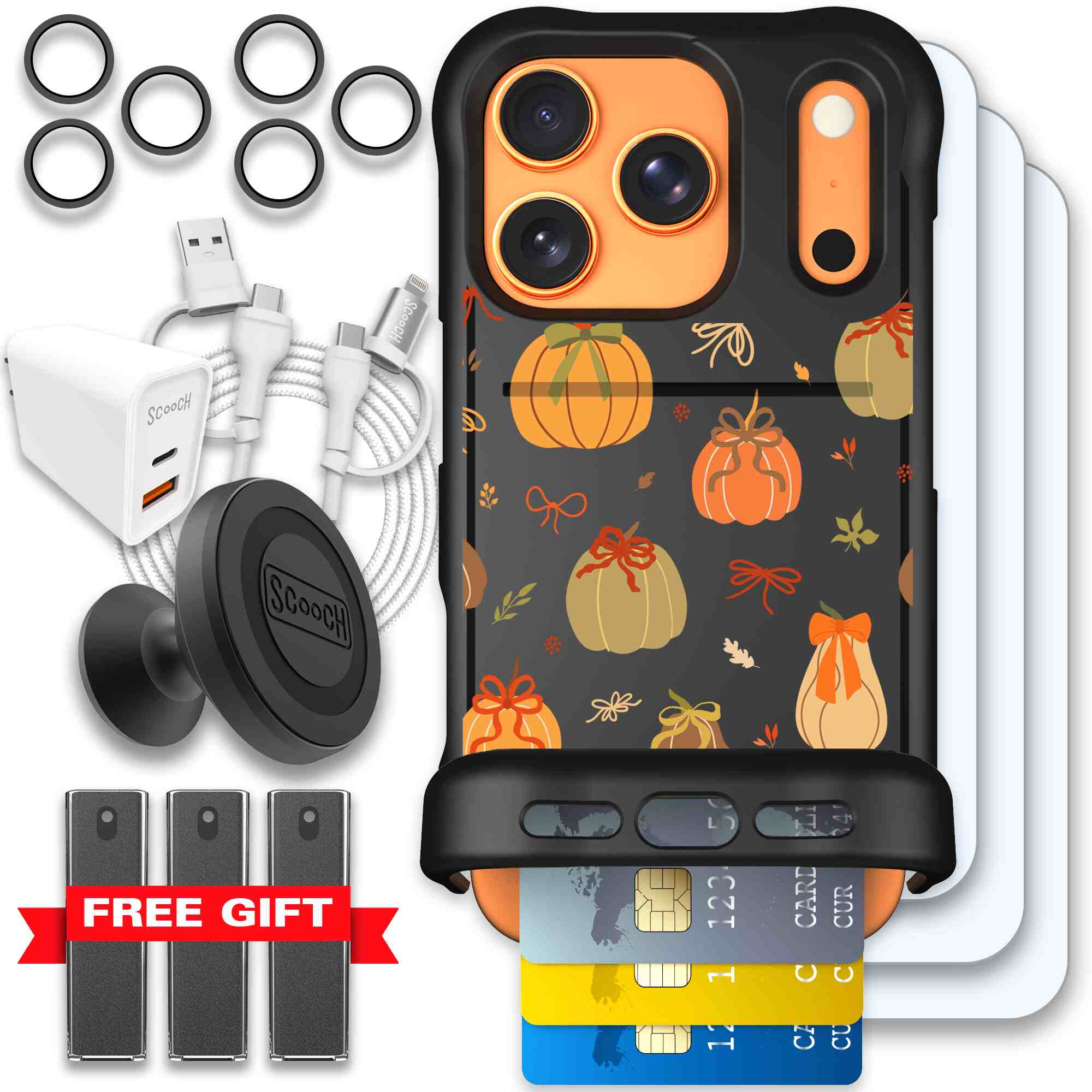 Pretty Pumpkins orange pumpkin and bow pattern on a Scooch Wingmate case for iPhone 17 Pro - Ultimate Bundle