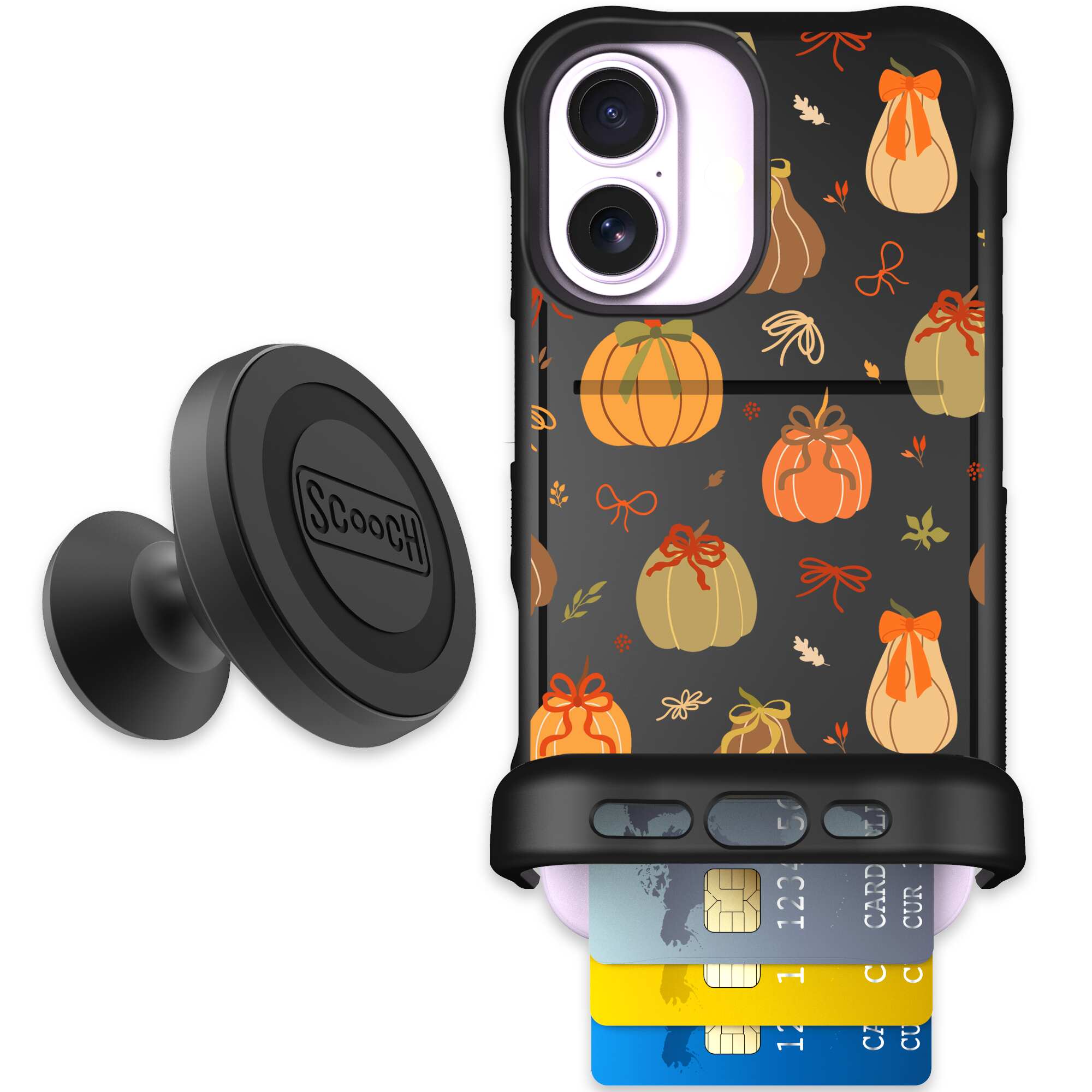 Pretty Pumpkins orange pumpkin and bow pattern on a Scooch Wingmate case for iPhone 17 - Starter Bundle