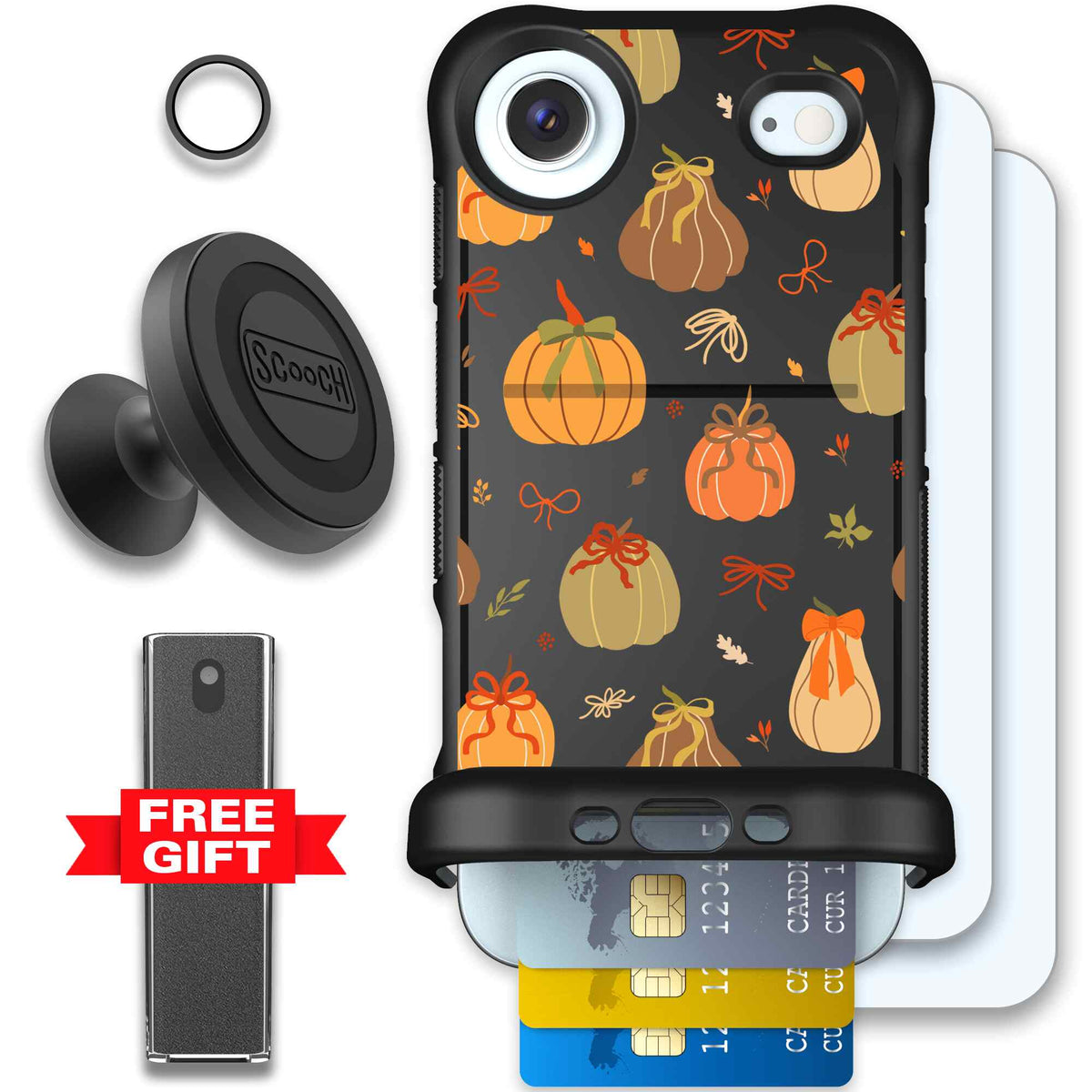 Pretty Pumpkins orange pumpkin and bow pattern on a Scooch Wingmate case for iPhone Air - Defender Bundle