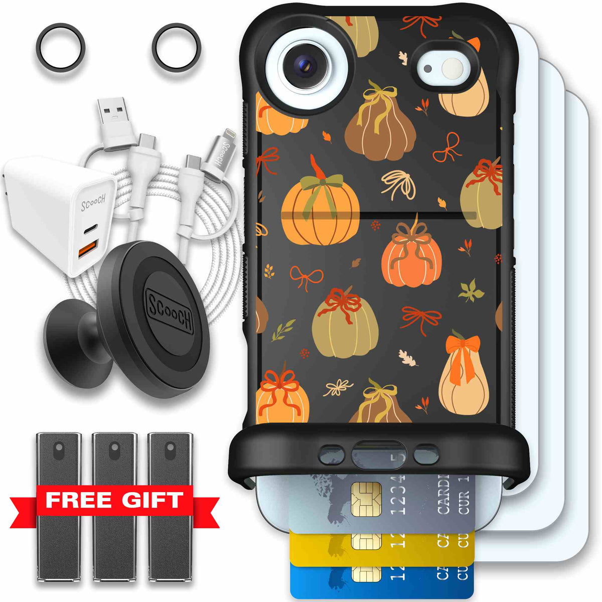 Pretty Pumpkins orange pumpkin and bow pattern on a Scooch Wingmate case for iPhone Air - Ultimate Bundle