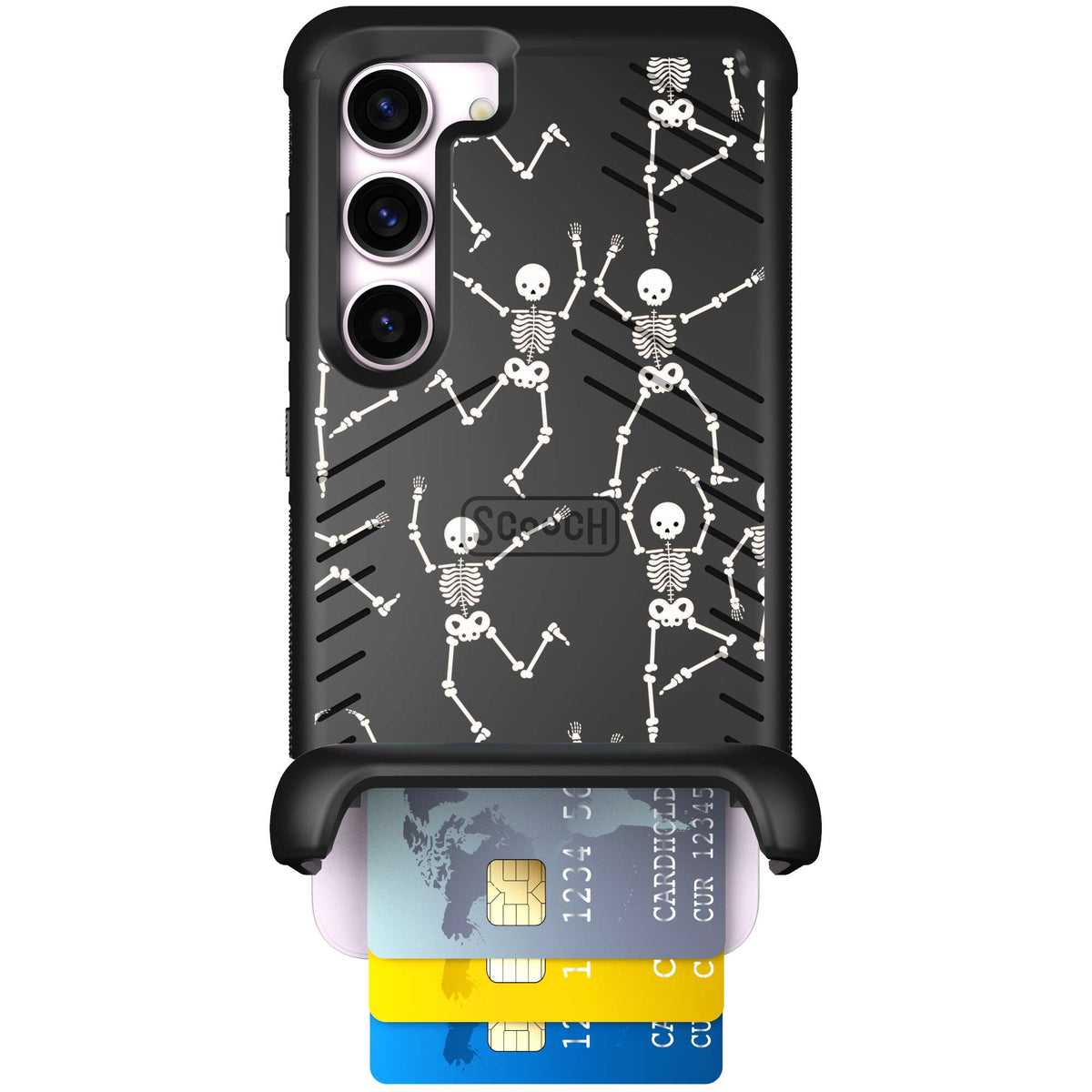 Swinging Skeletons white dancing skeleton pattern on a black Scooch Wingmate case for Galaxy S23