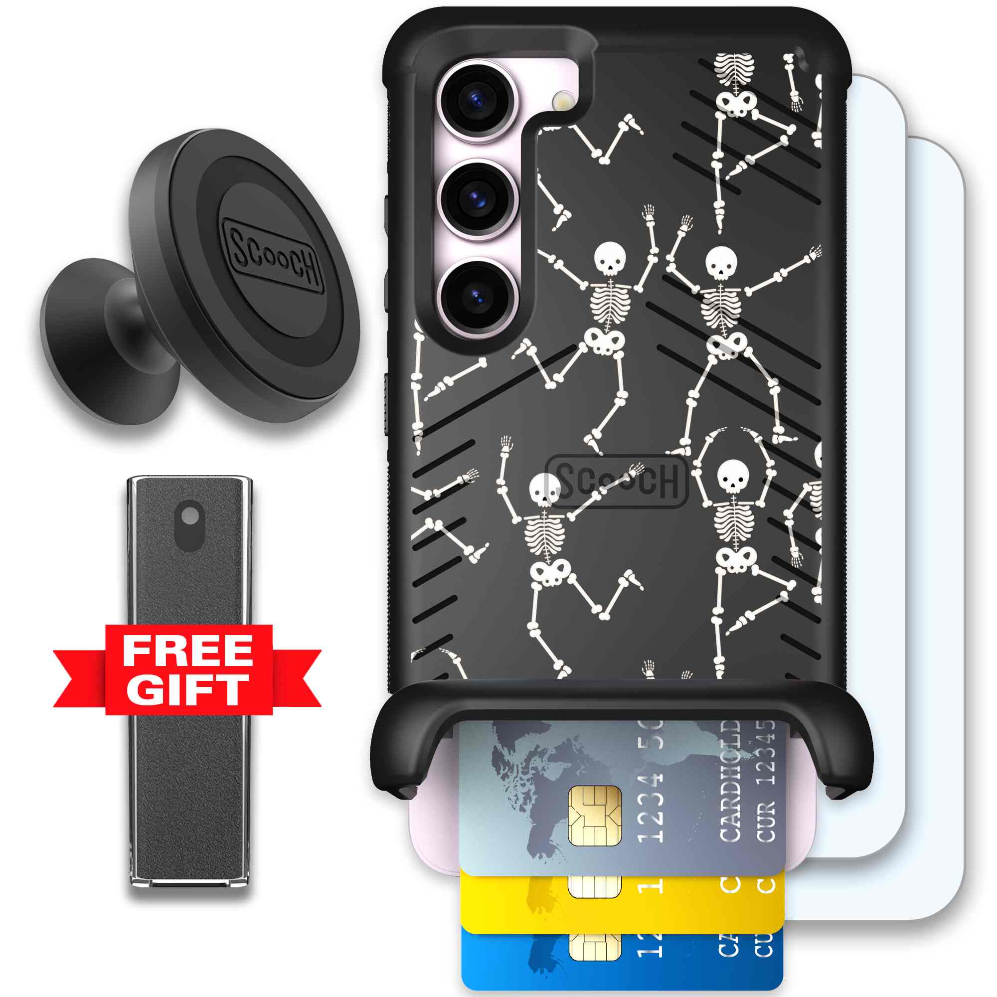 Swinging Skeletons white dancing skeleton pattern on a black Scooch Wingmate case for Galaxy S23 - Defender Bundle