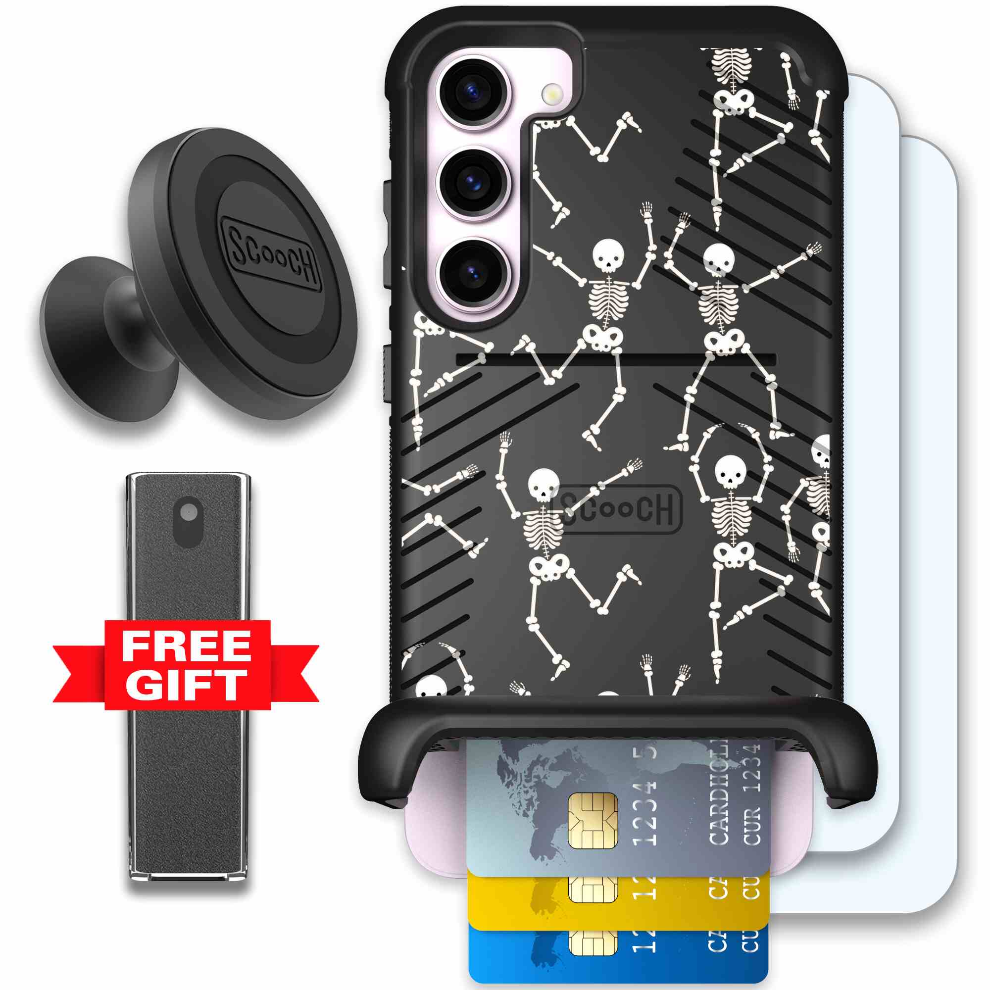 Swinging Skeletons white dancing skeleton pattern on a black Scooch Wingmate case for Galaxy S23+ - Defender Bundle