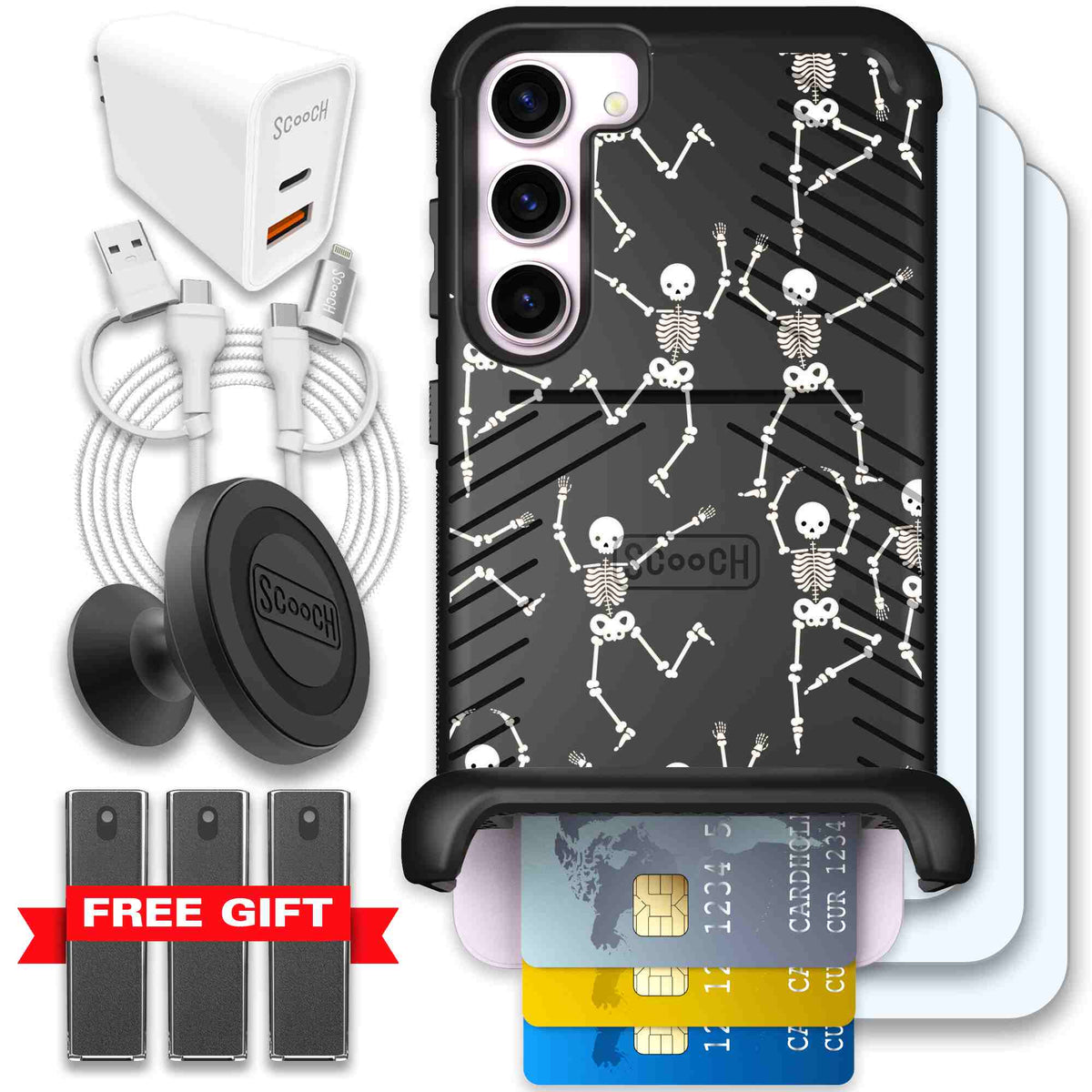 Swinging Skeletons white dancing skeleton pattern on a black Scooch Wingmate case for Galaxy S23+ - Ultimate Bundle