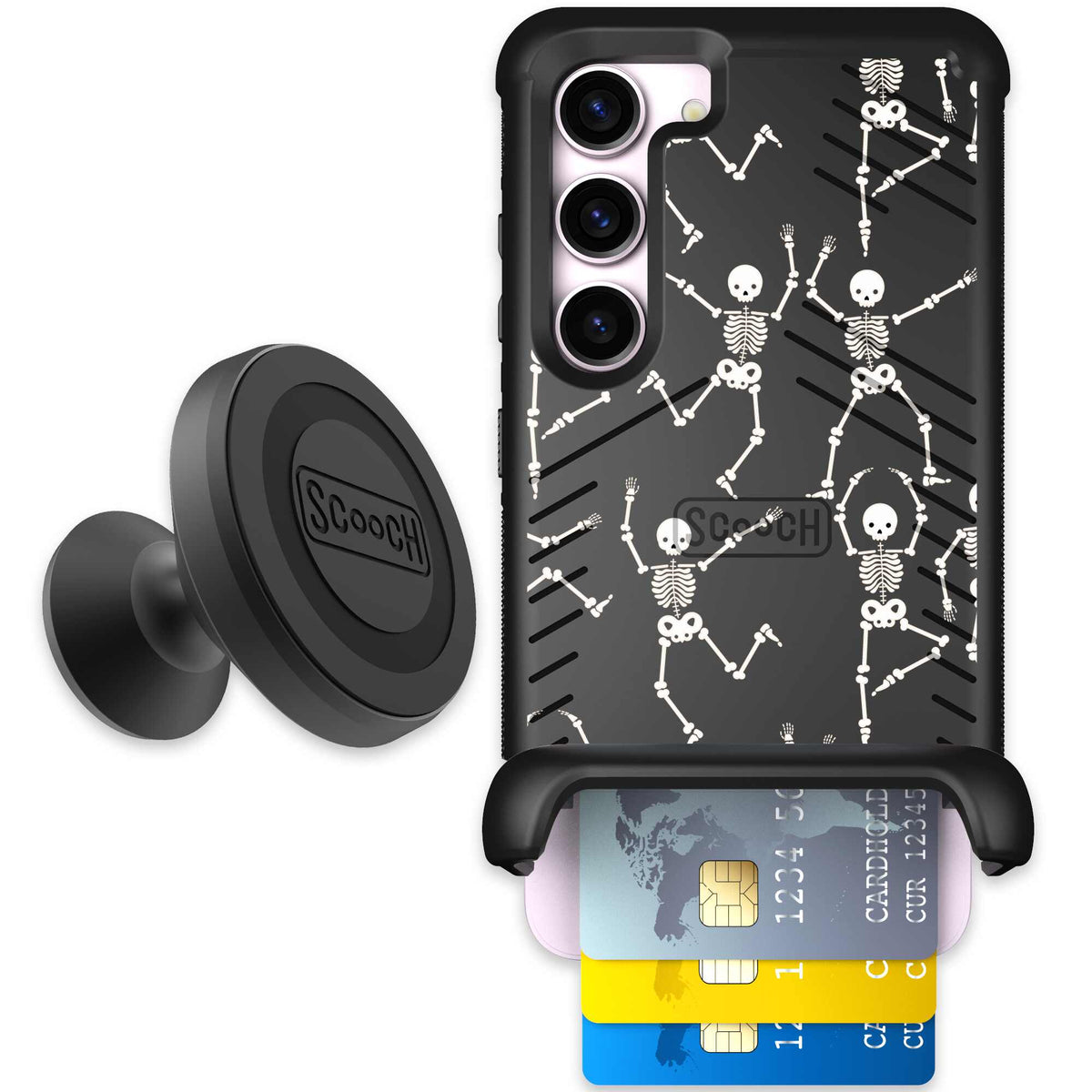 Swinging Skeletons white dancing skeleton pattern on a black Scooch Wingmate case for Galaxy S23 - Starter Bundle