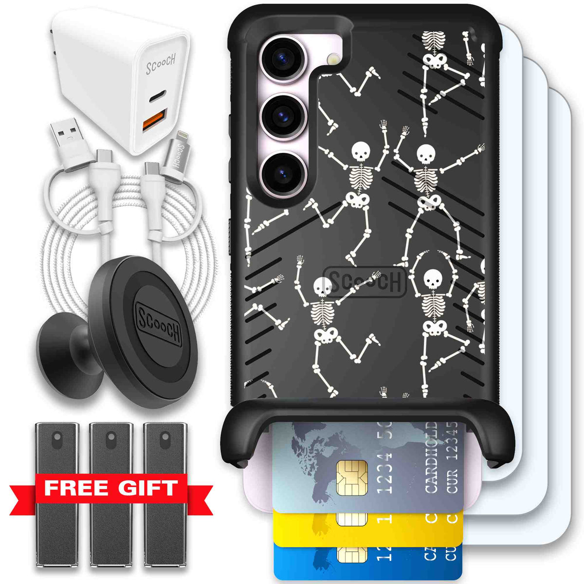 Swinging Skeletons white dancing skeleton pattern on a black Scooch Wingmate case for Galaxy S23 - Ultimate Bundle