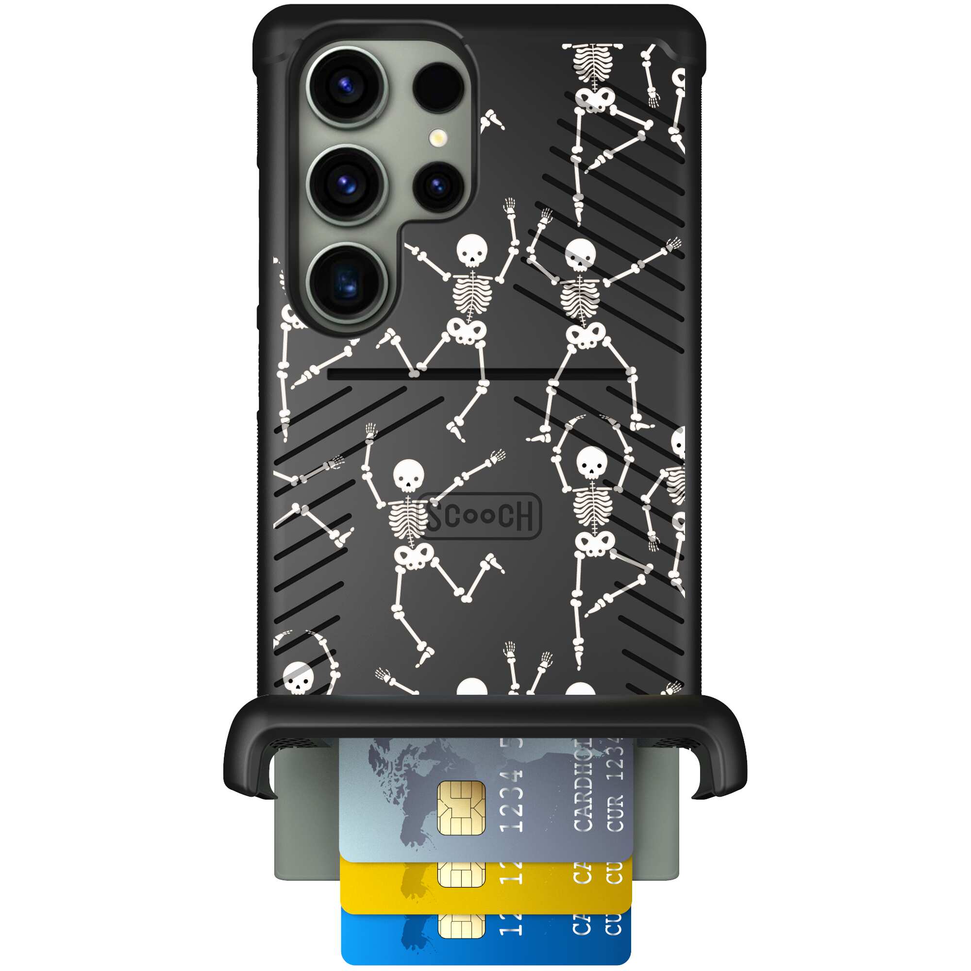 Swinging Skeletons white dancing skeleton pattern on a black Scooch Wingmate case for Galaxy S23 Ultra