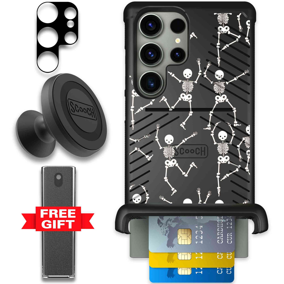 Swinging Skeletons white dancing skeleton pattern on a black Scooch Wingmate case for Galaxy S23 Ultra - Defender Bundle