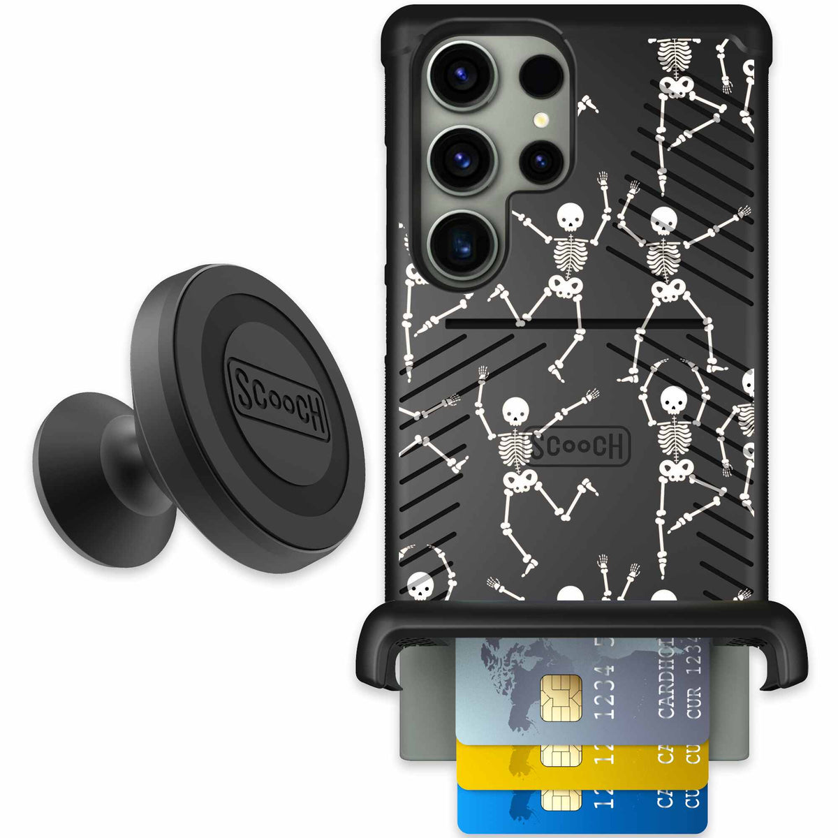 Swinging Skeletons white dancing skeleton pattern on a black Scooch Wingmate case for Galaxy S23 Ultra - Starter Bundle