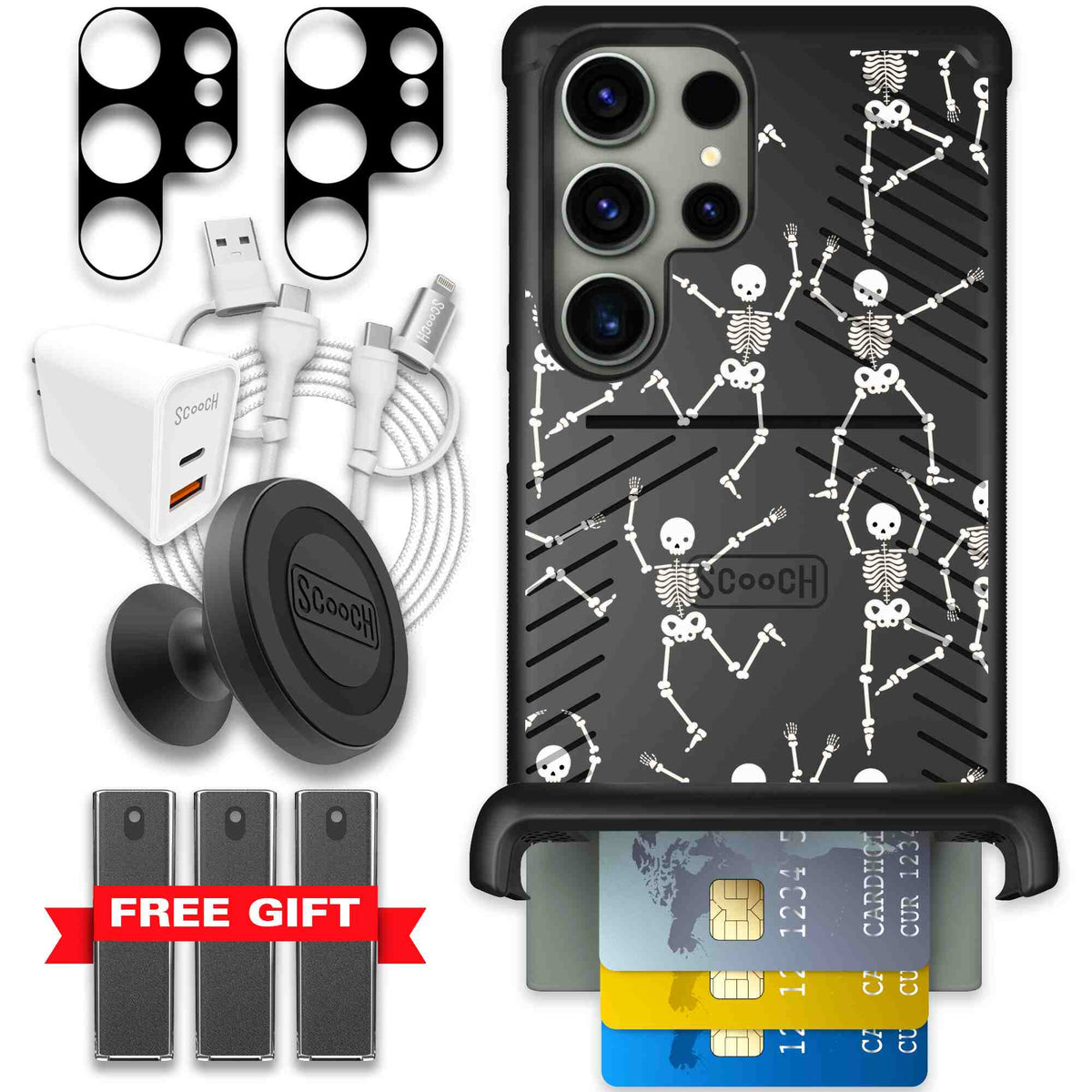 Swinging Skeletons white dancing skeleton pattern on a black Scooch Wingmate case for Galaxy S23 Ultra - Ultimate Bundle