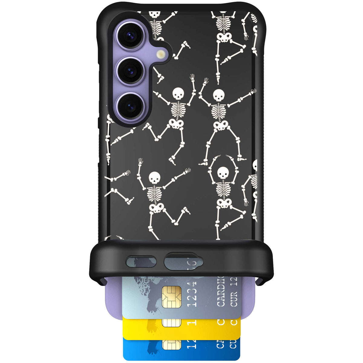 Swinging Skeletons white dancing skeleton pattern on a black Scooch Wingmate case for Galaxy S24