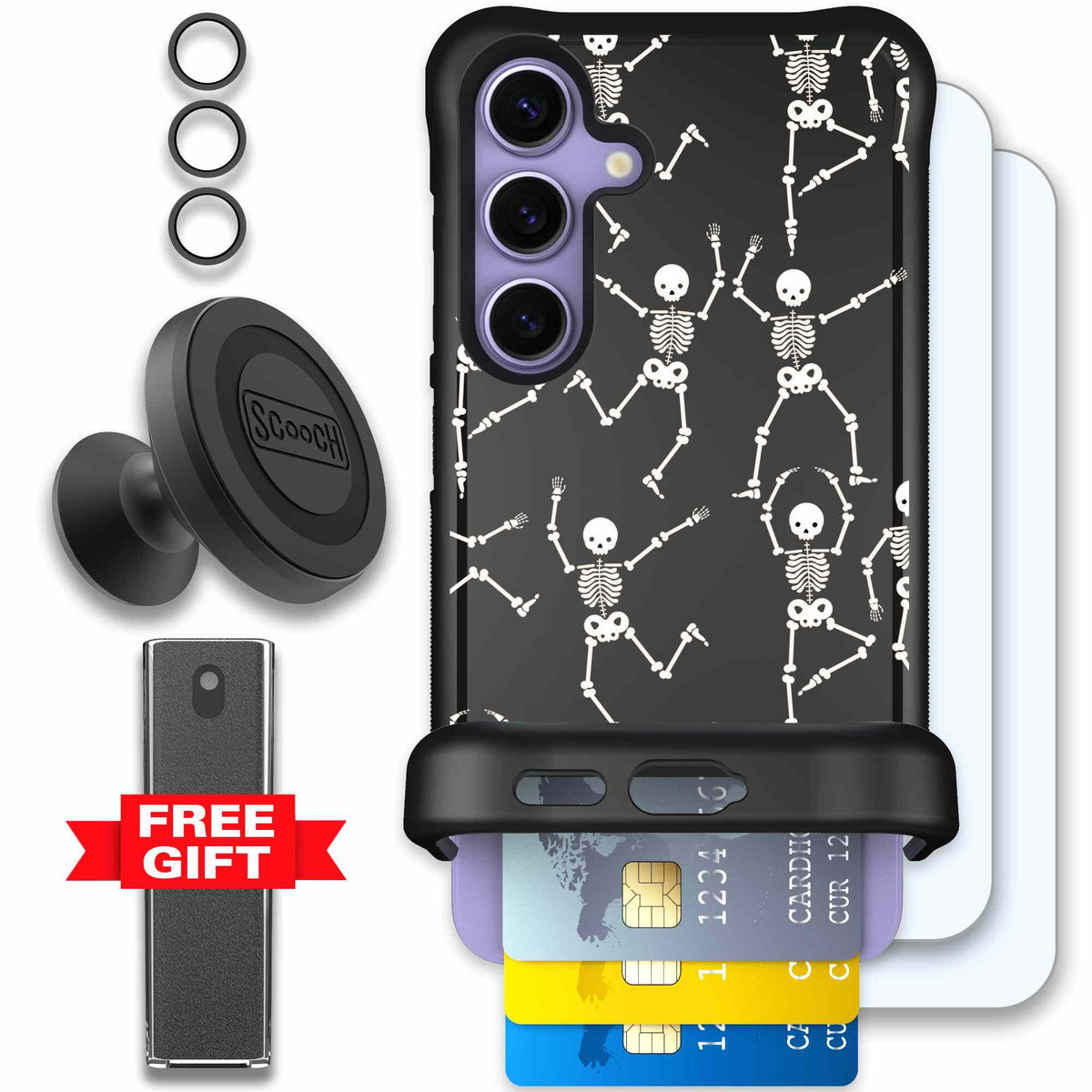 Swinging Skeletons white dancing skeleton pattern on a black Scooch Wingmate case for Galaxy S24 - Defender Bundle