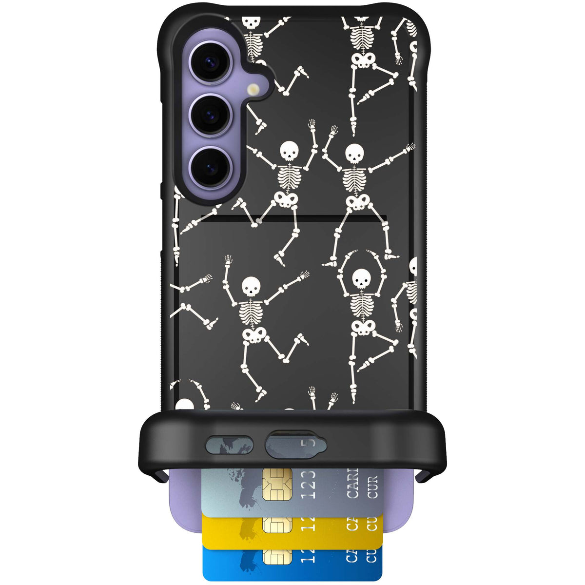 Swinging Skeletons white dancing skeleton pattern on a black Scooch Wingmate case for Galaxy S24+