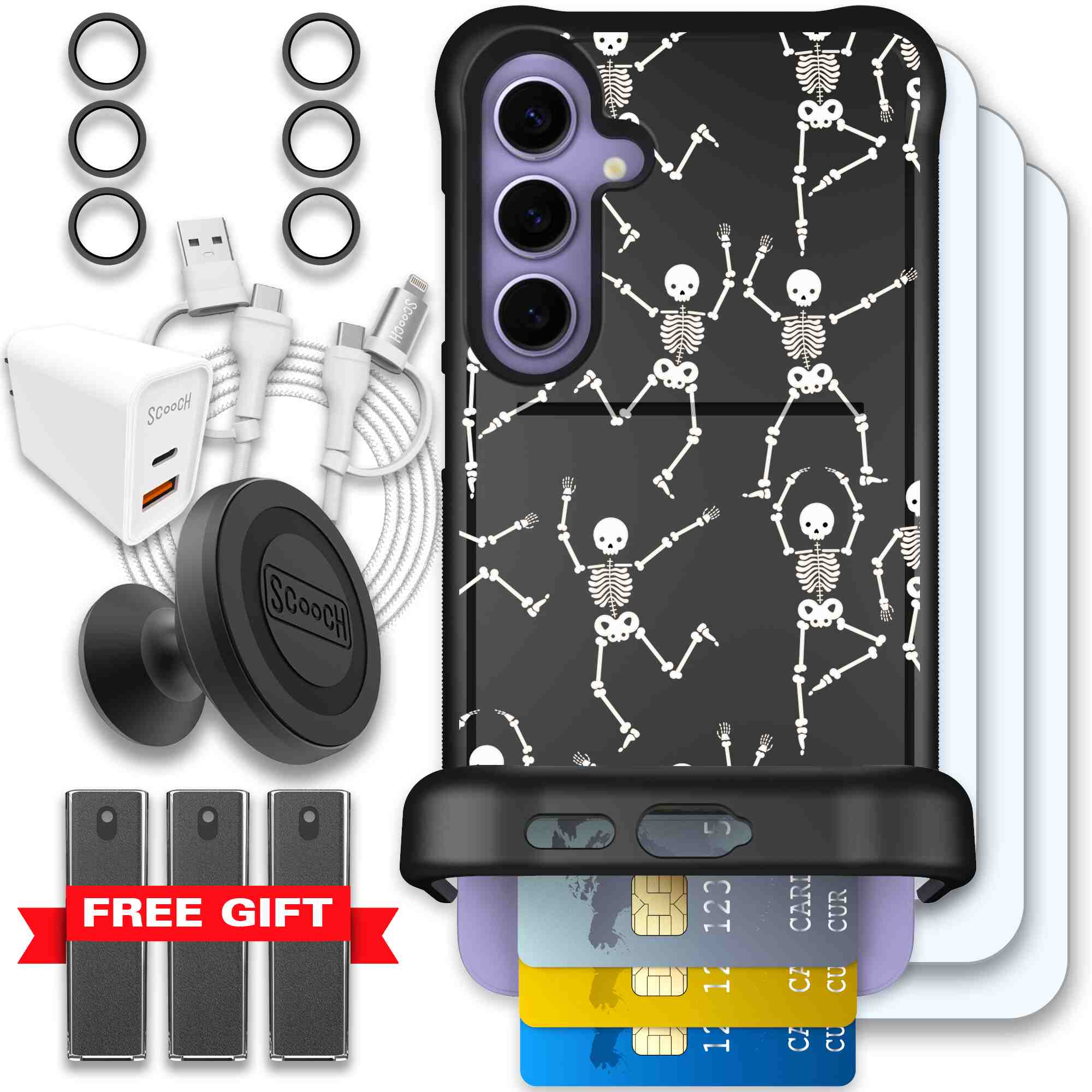 Swinging Skeletons white dancing skeleton pattern on a black Scooch Wingmate case for Galaxy S24+ - Ultimate Bundle
