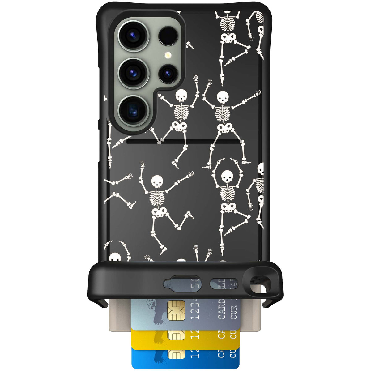Swinging Skeletons white dancing skeleton pattern on a black Scooch Wingmate case for Galaxy S24 Ultra