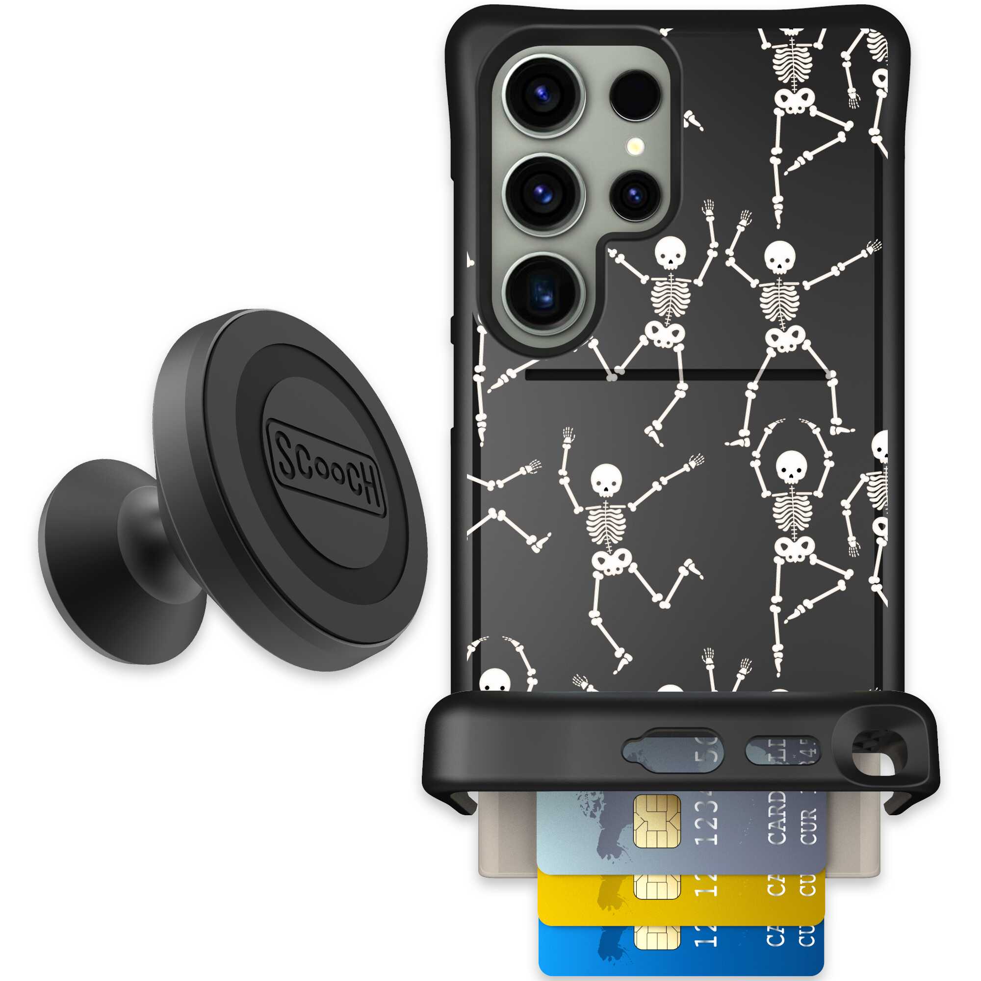 Swinging Skeletons white dancing skeleton pattern on a black Scooch Wingmate case for Galaxy S24 Ultra - Starter Bundle