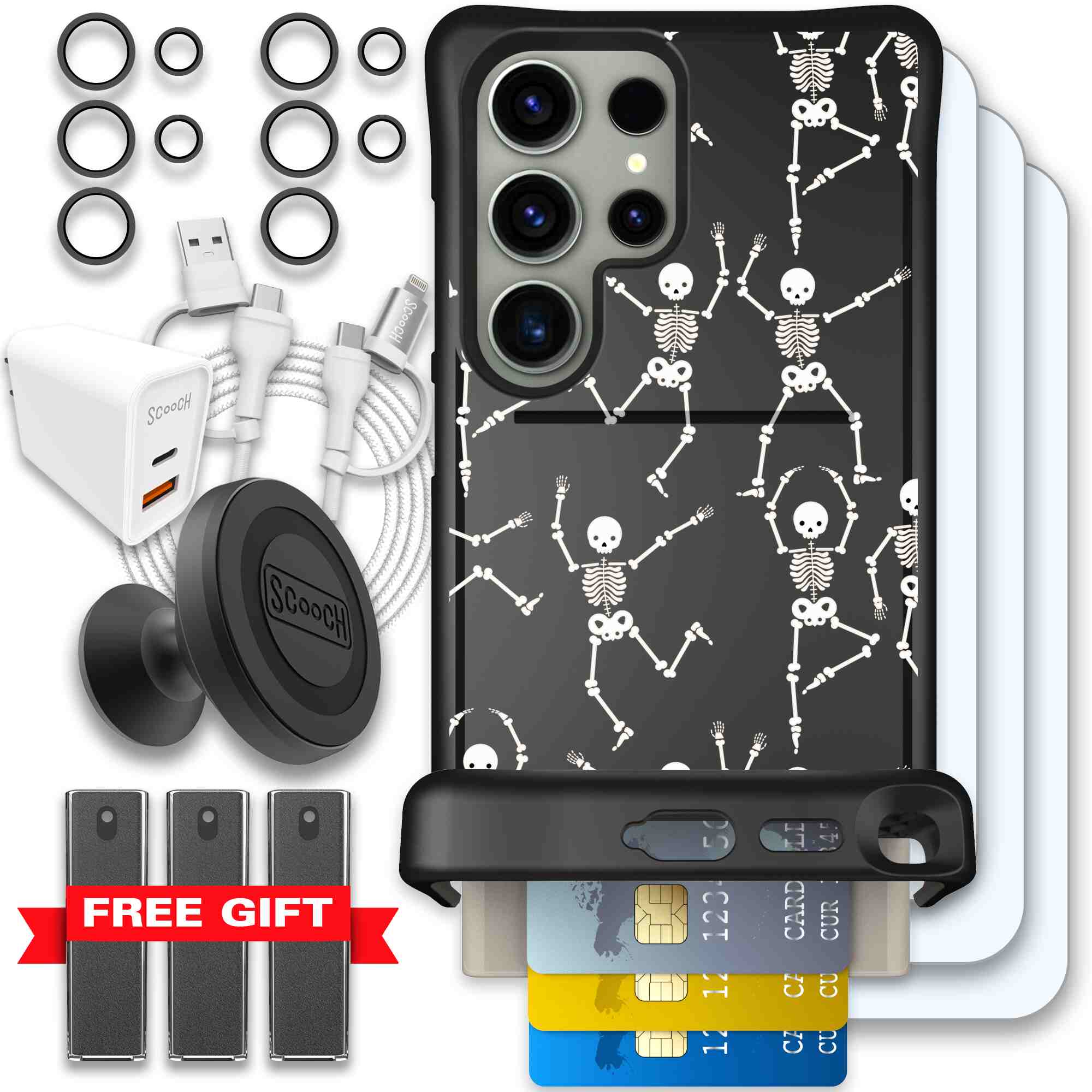 Swinging Skeletons white dancing skeleton pattern on a black Scooch Wingmate case for Galaxy S24 Ultra - Ultimate Bundle