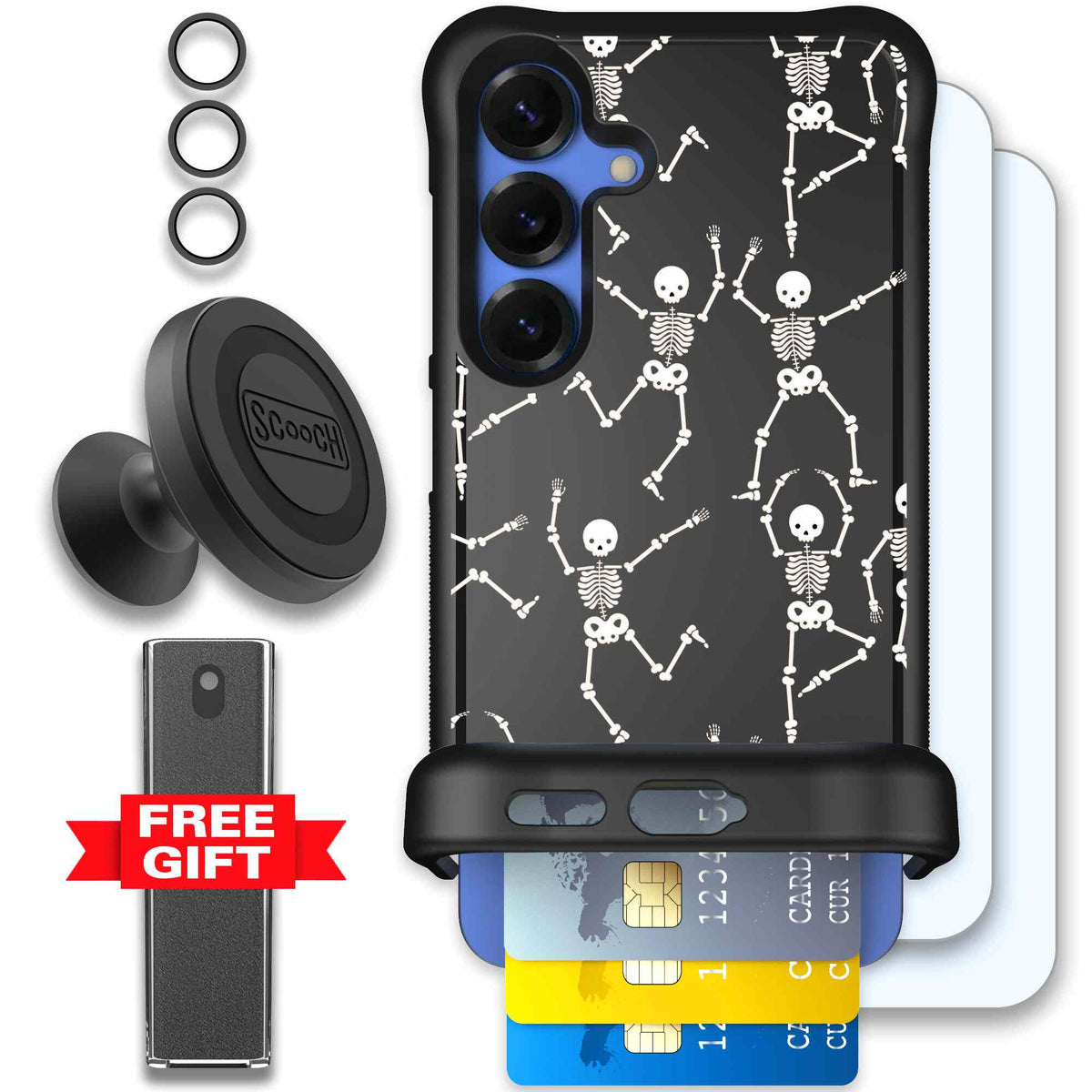 Swinging Skeletons white dancing skeleton pattern on a black Scooch Wingmate case for Galaxy S25 - Defender Bundle