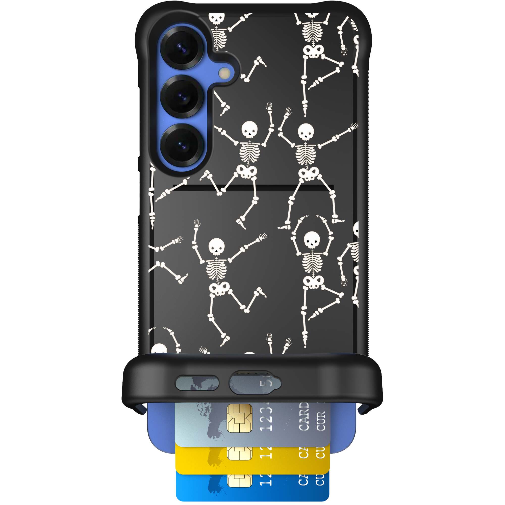 Swinging Skeletons white dancing skeleton pattern on a black Scooch Wingmate case for Galaxy S25+
