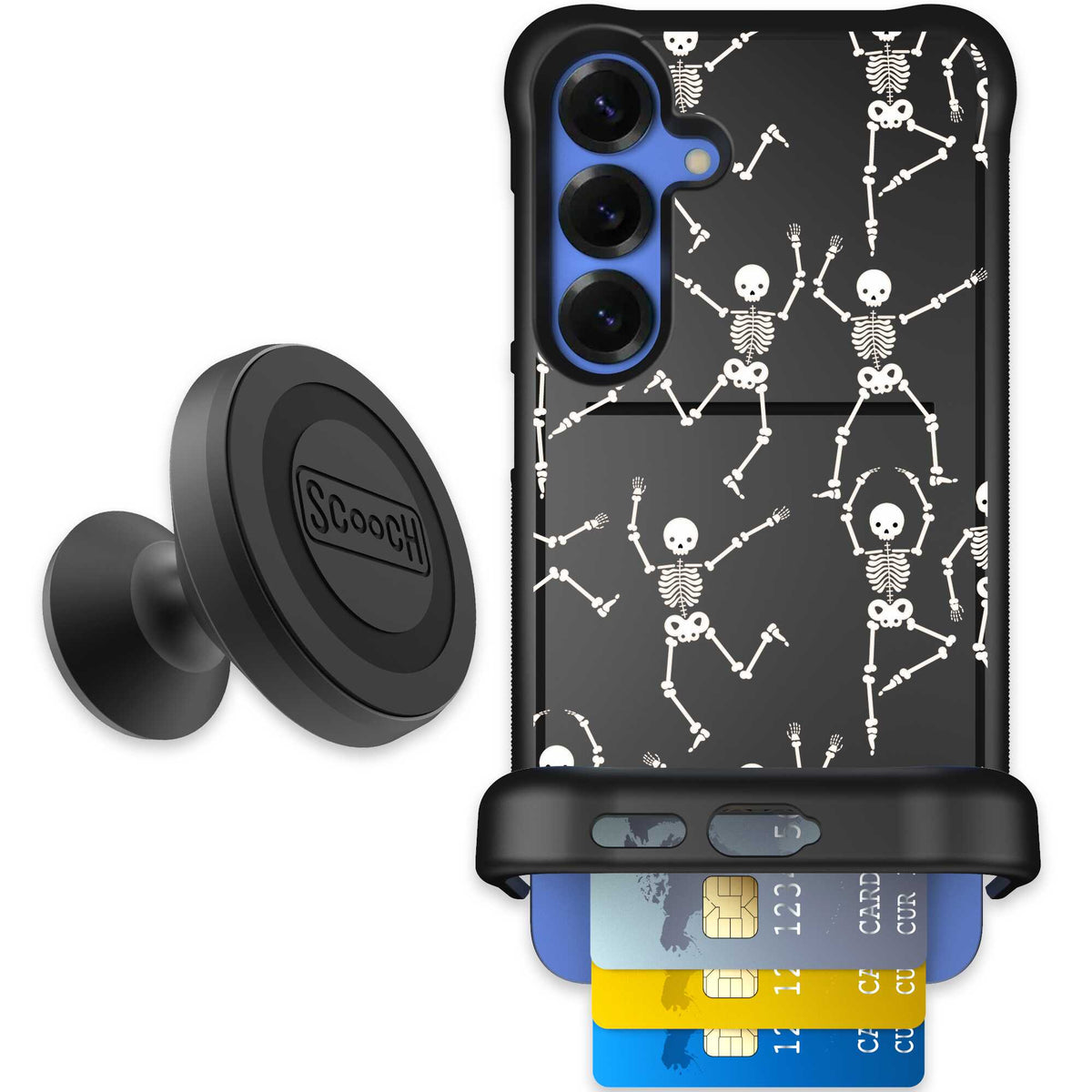 Swinging Skeletons white dancing skeleton pattern on a black Scooch Wingmate case for Galaxy S25+ - Starter Bundle