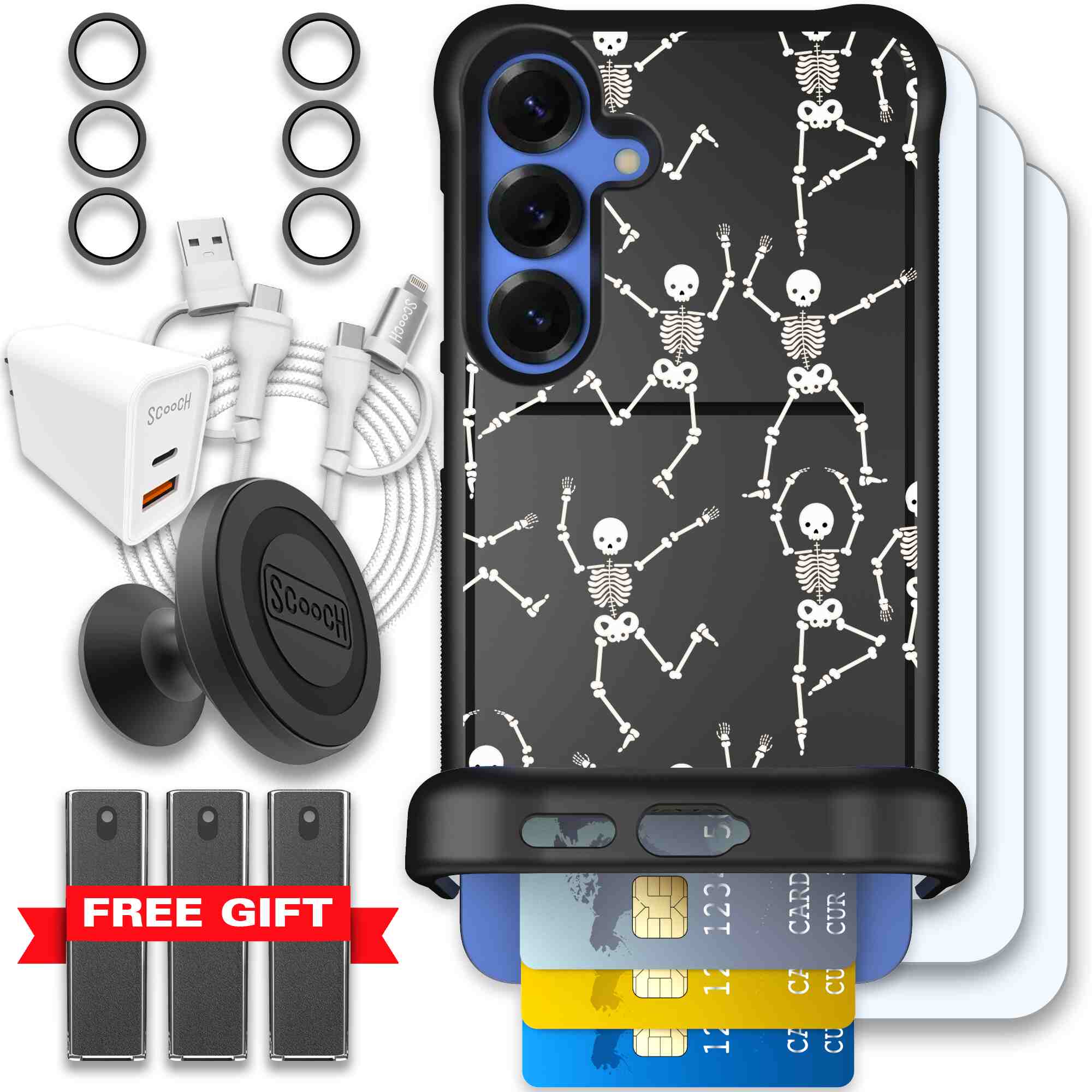 Swinging Skeletons white dancing skeleton pattern on a black Scooch Wingmate case for Galaxy S25+ - Ultimate Bundle