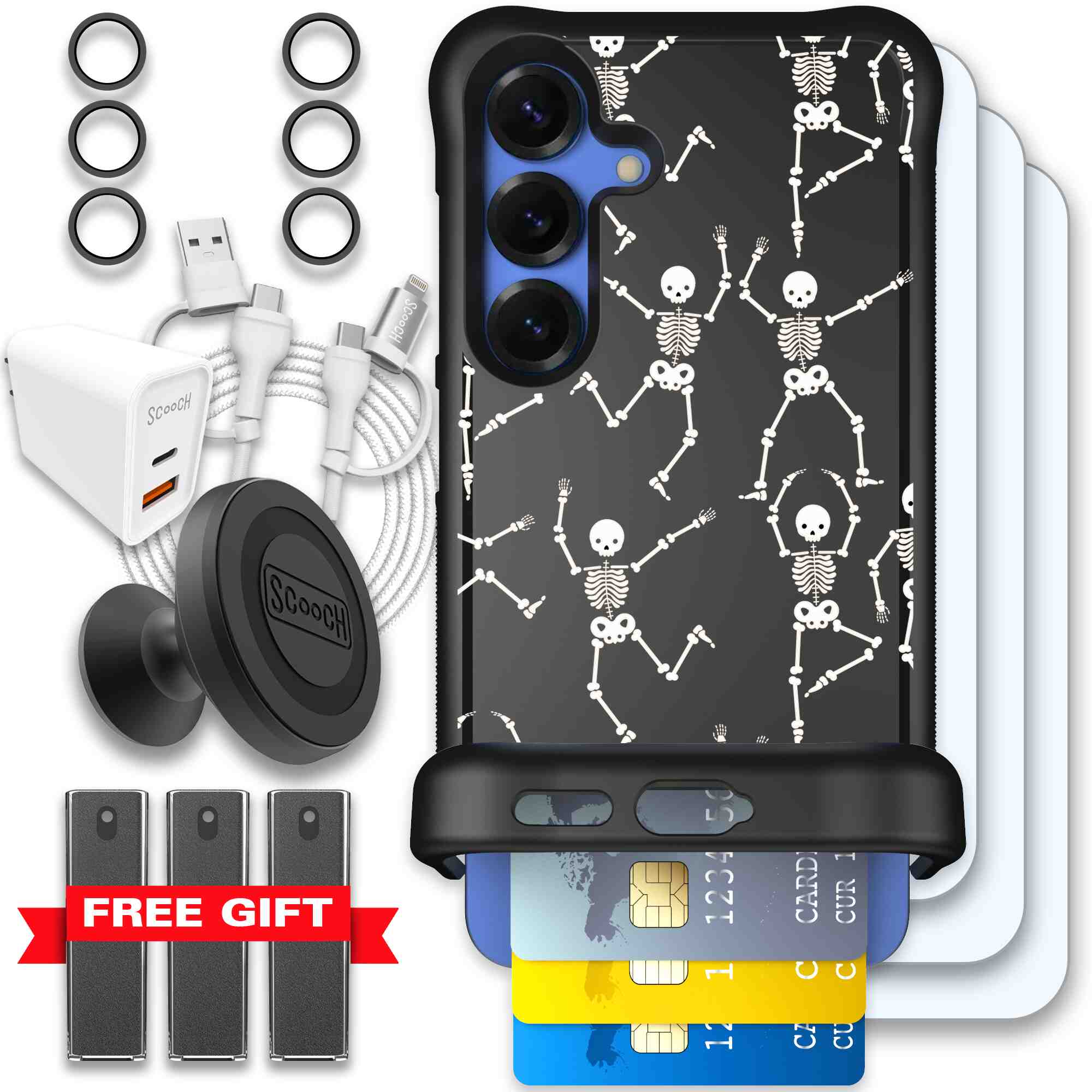 Swinging Skeletons white dancing skeleton pattern on a black Scooch Wingmate case for Galaxy S25 - Ultimate Bundle