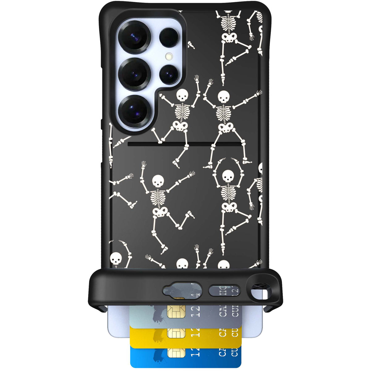 Swinging Skeletons white dancing skeleton pattern on a black Scooch Wingmate case for Galaxy S25 Ultra