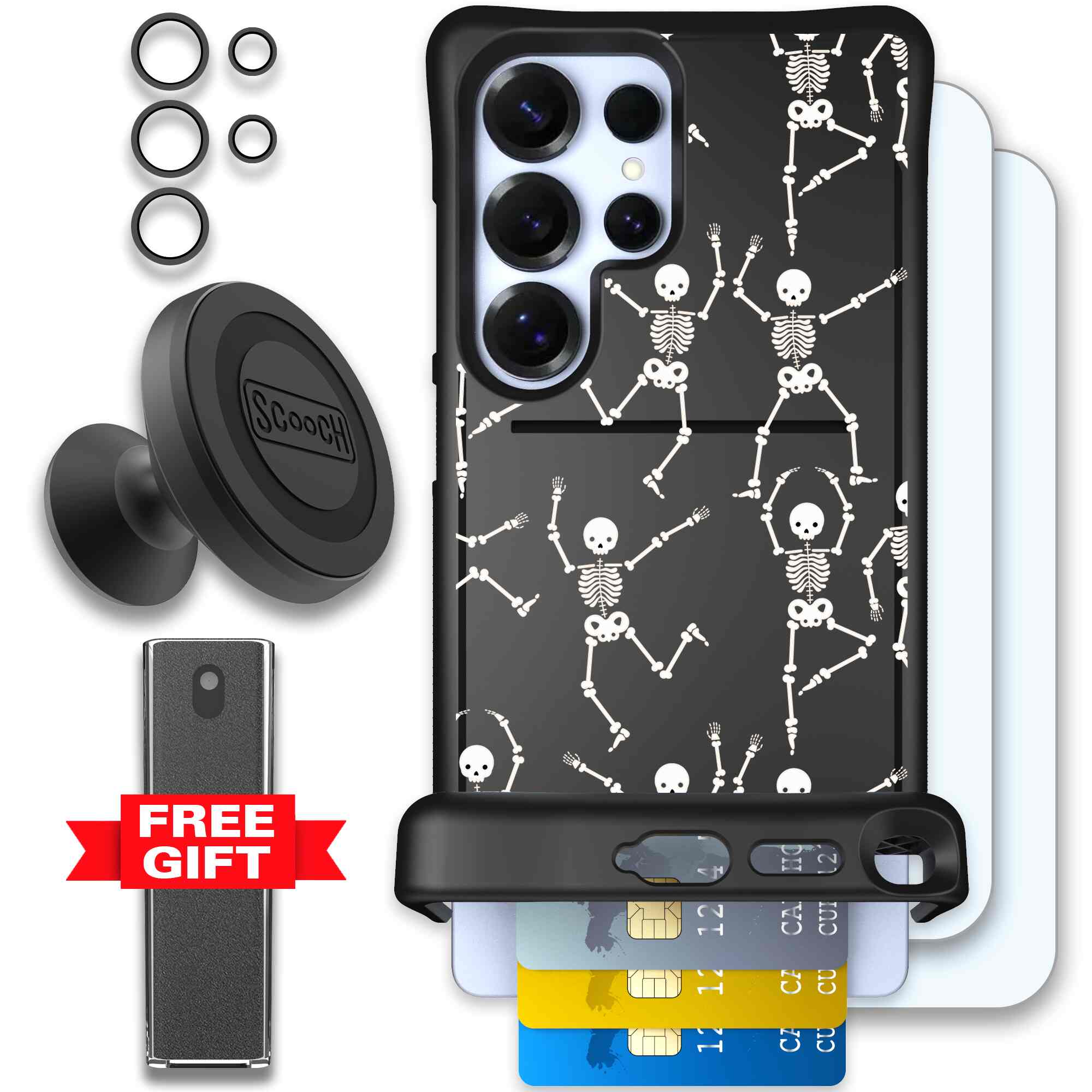 Swinging Skeletons white dancing skeleton pattern on a black Scooch Wingmate case for Galaxy S25 Ultra - Defender Bundle