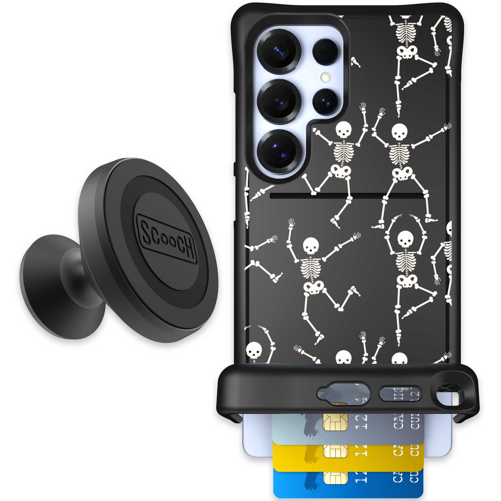 Swinging Skeletons white dancing skeleton pattern on a black Scooch Wingmate case for Galaxy S25 Ultra - Starter Bundle