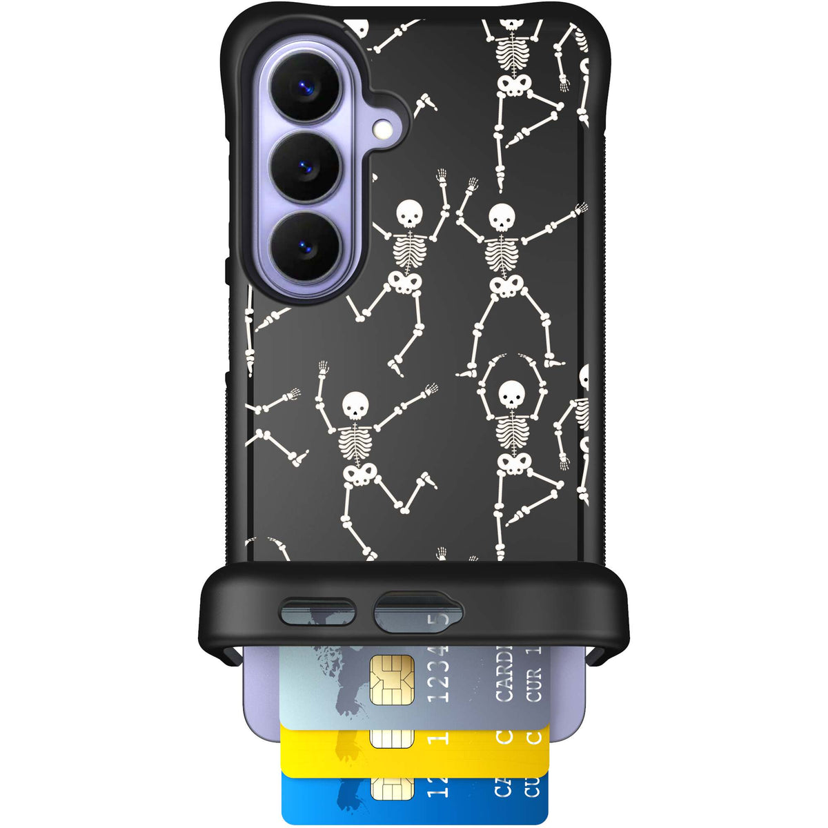 Swinging Skeletons white dancing skeleton pattern on a black Scooch Wingmate case for Galaxy S26