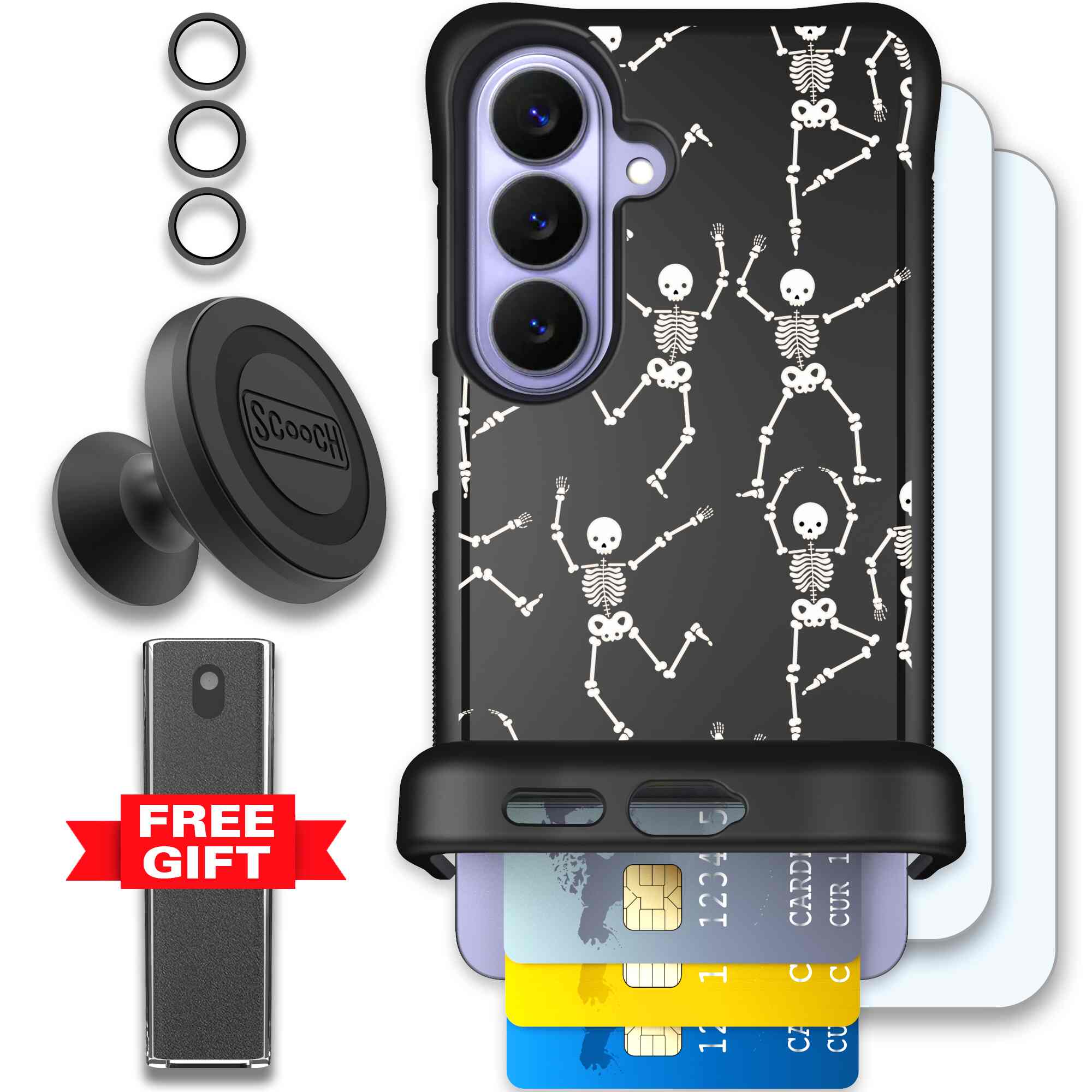 Swinging Skeletons white dancing skeleton pattern on a black Scooch Wingmate case for Galaxy S26 - Defender Bundle