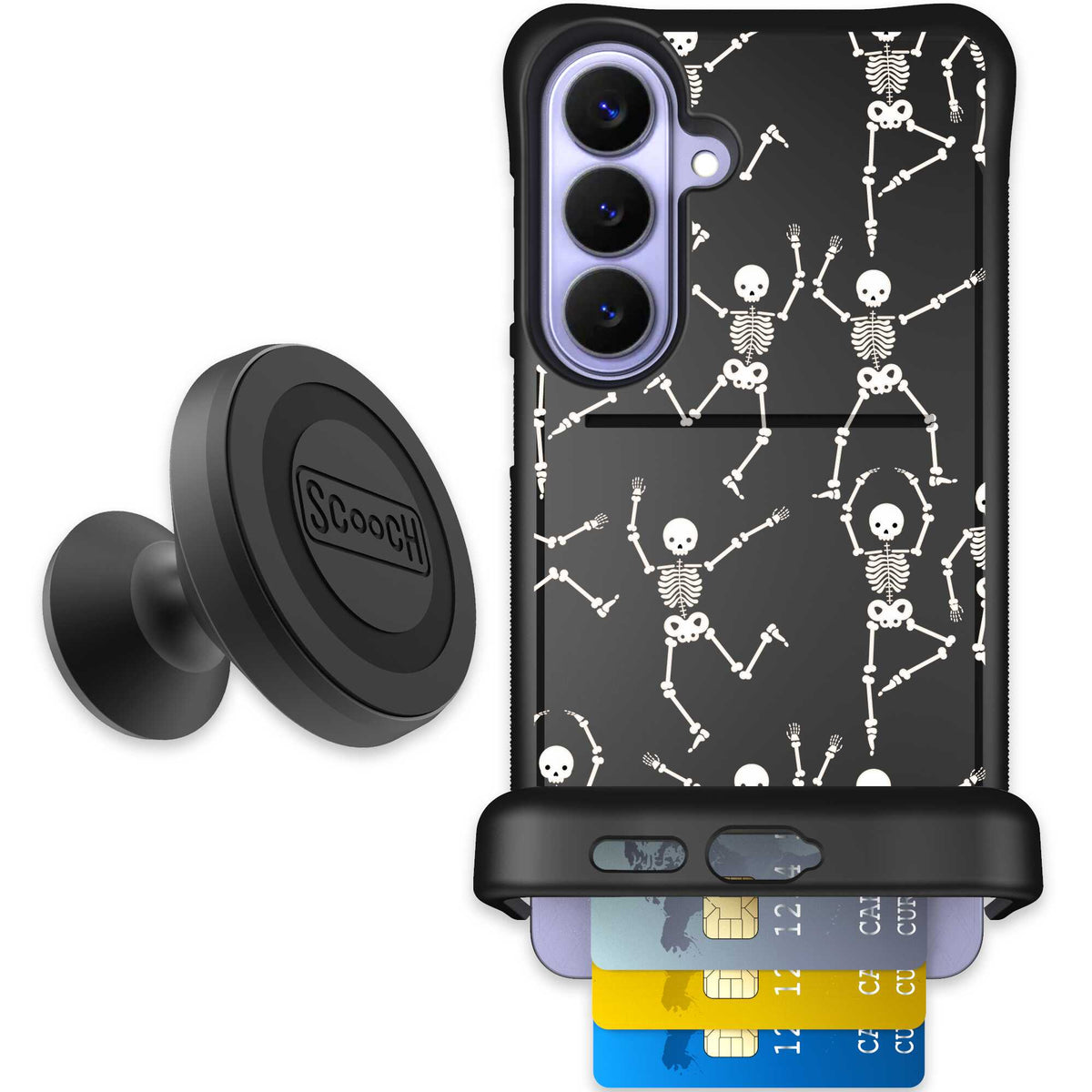 Swinging Skeletons white dancing skeleton pattern on a black Scooch Wingmate case for Galaxy S26+ - Starter Bundle