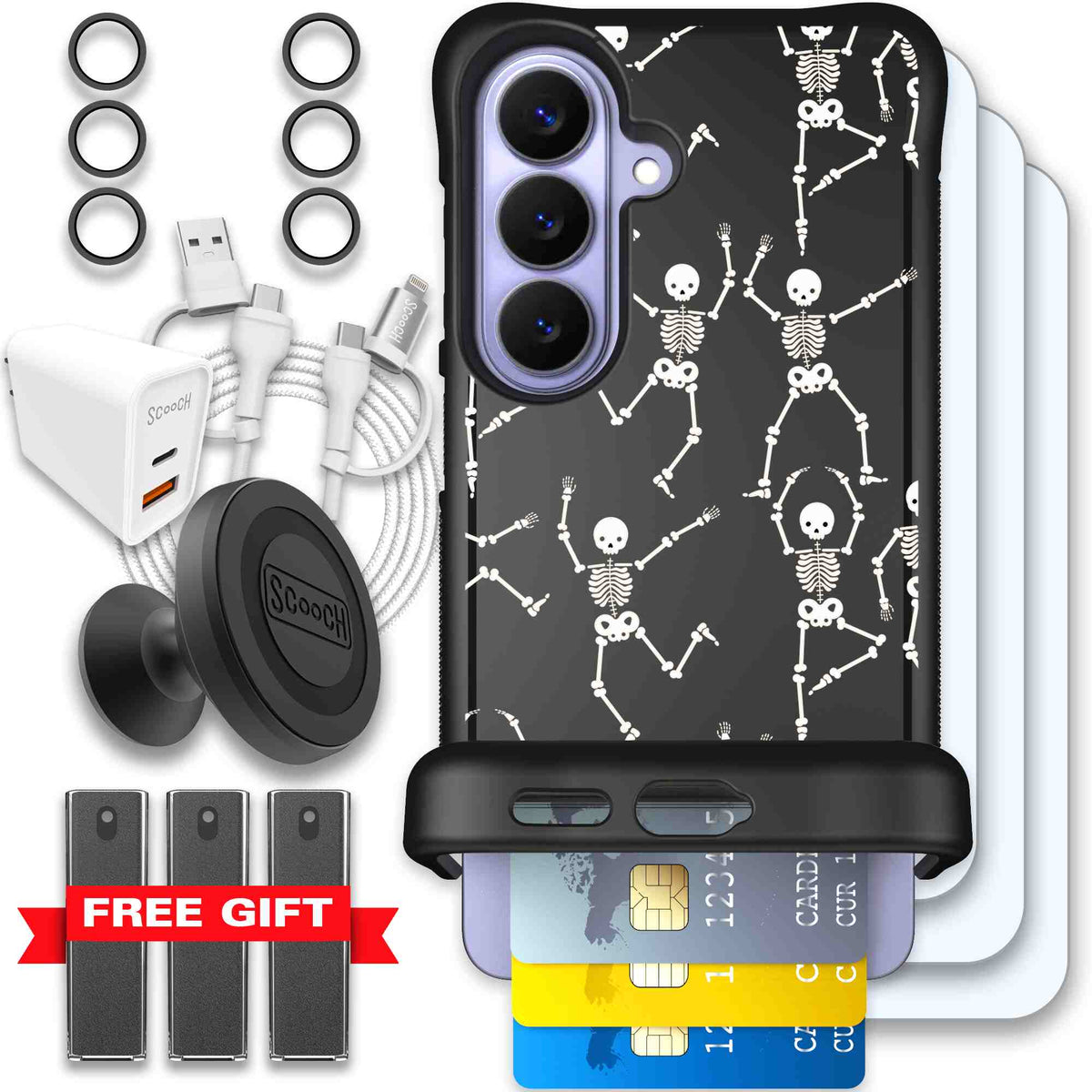 Swinging Skeletons white dancing skeleton pattern on a black Scooch Wingmate case for Galaxy S26 - Ultimate Bundle