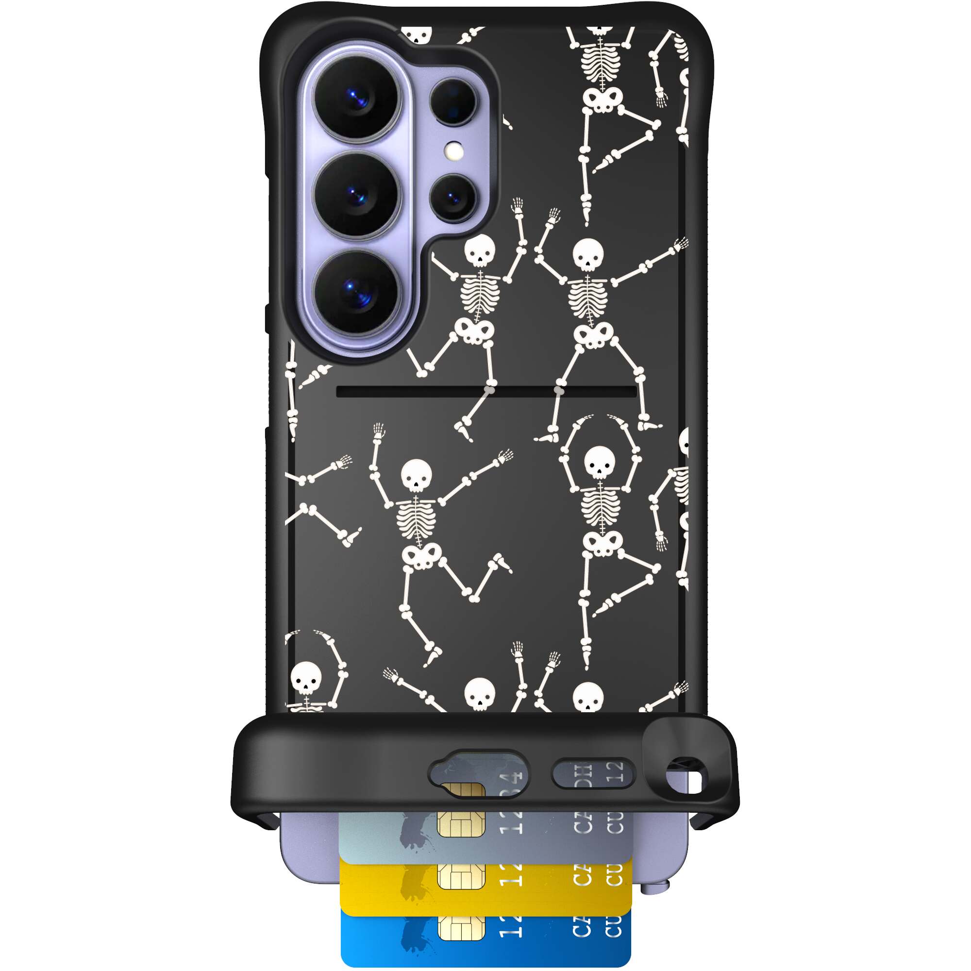 Swinging Skeletons white dancing skeleton pattern on a black Scooch Wingmate case for Galaxy S26 Ultra