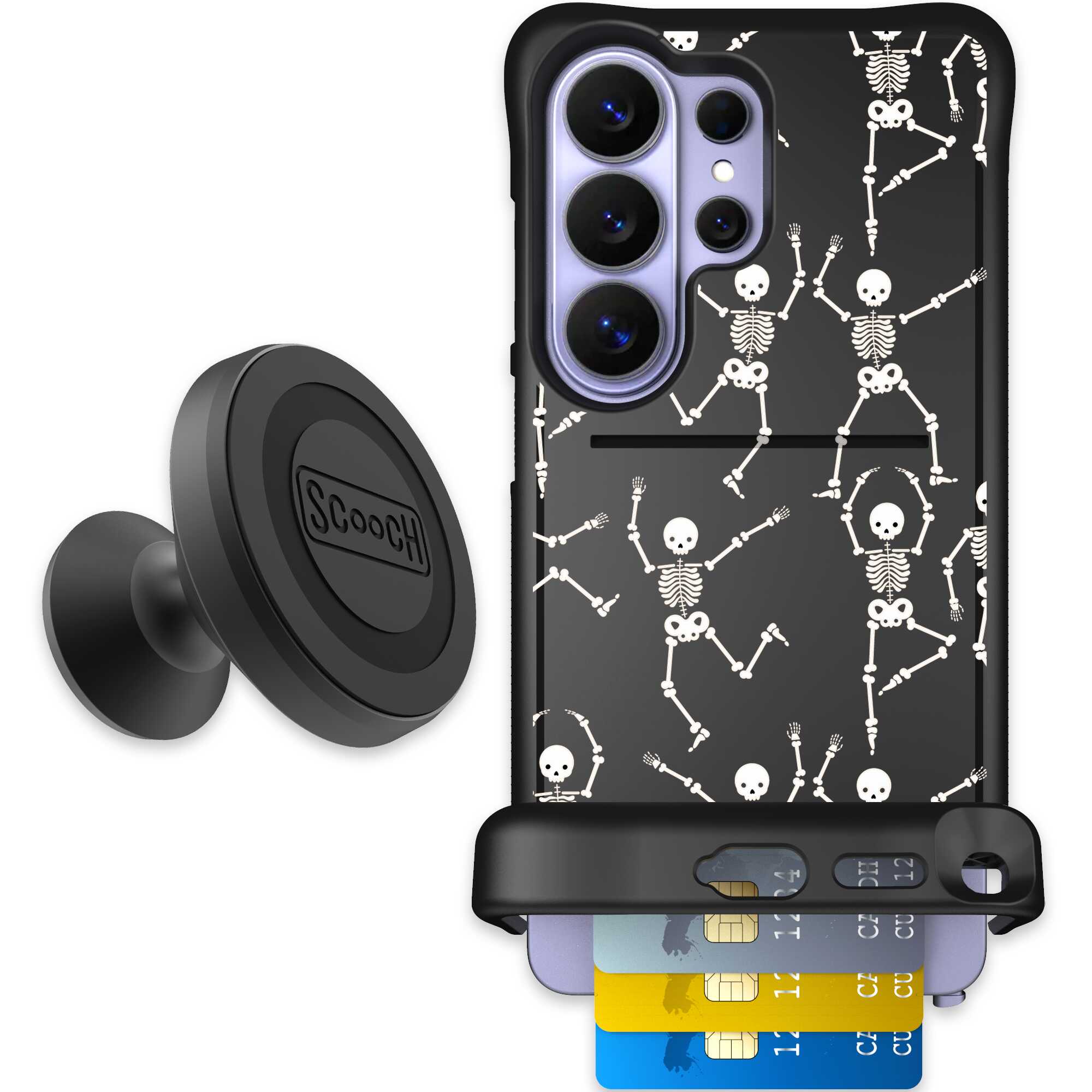 Swinging Skeletons white dancing skeleton pattern on a black Scooch Wingmate case for Galaxy S26 Ultra - Starter Bundle
