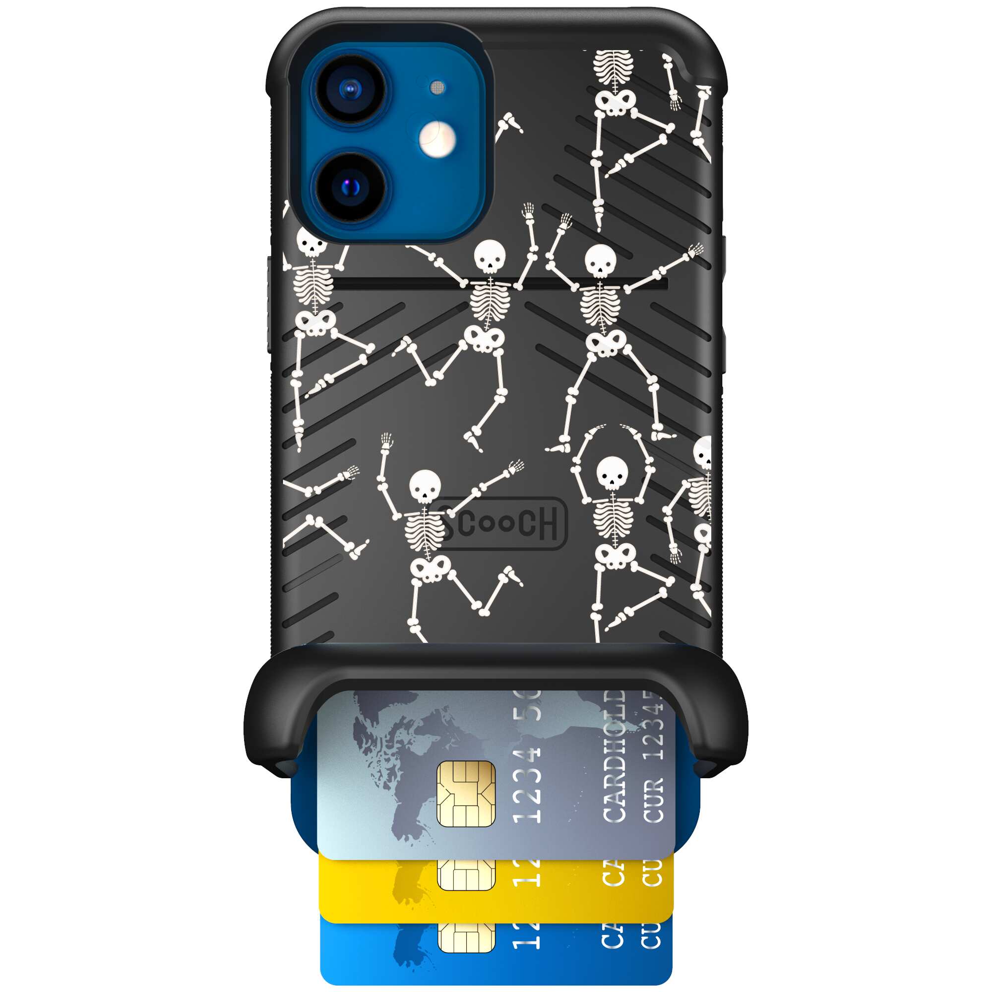 Swinging Skeletons white dancing skeleton pattern on a black Scooch Wingmate case for iPhone 12 mini