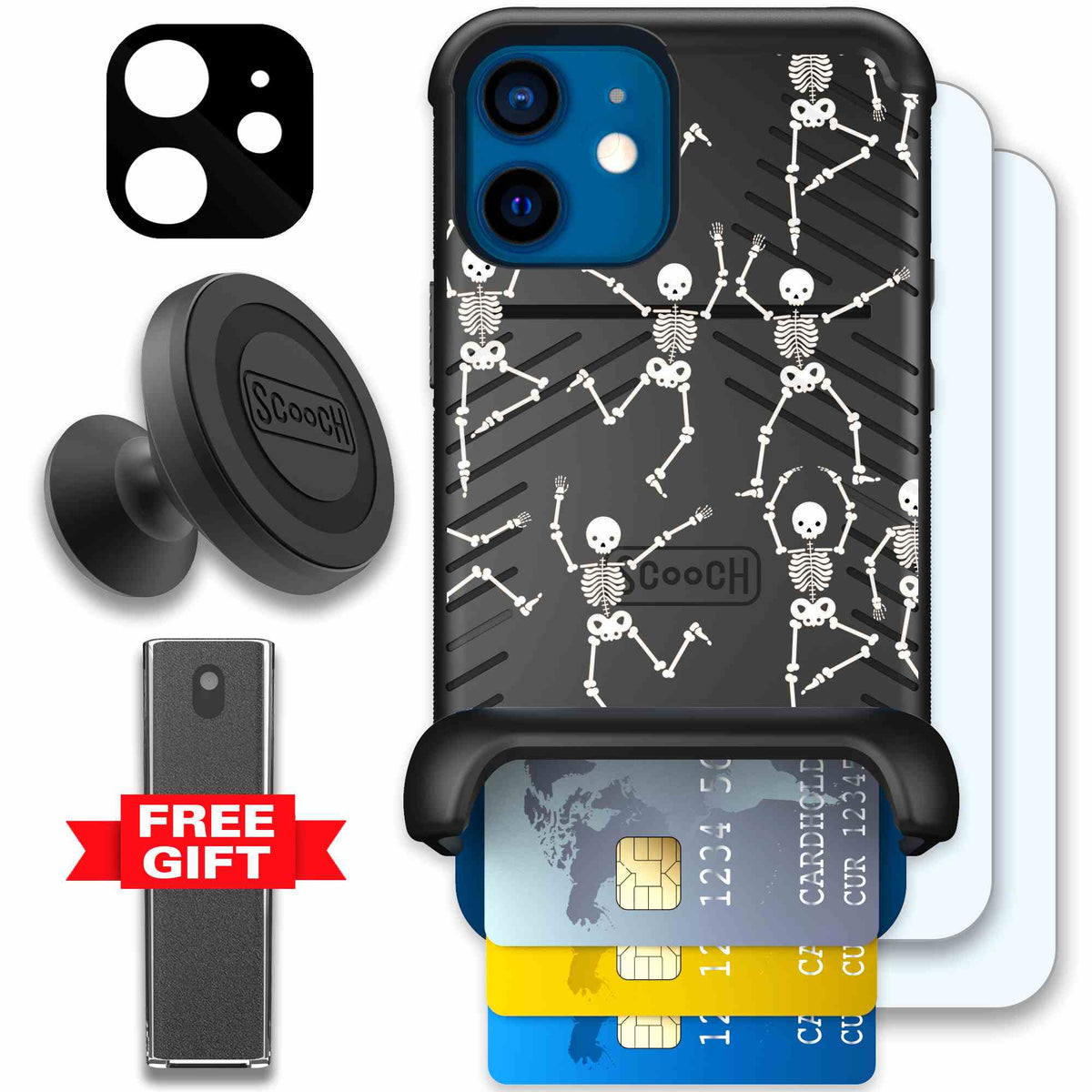 Swinging Skeletons white dancing skeleton pattern on a black Scooch Wingmate case for iPhone 12 mini - Defender Bundle