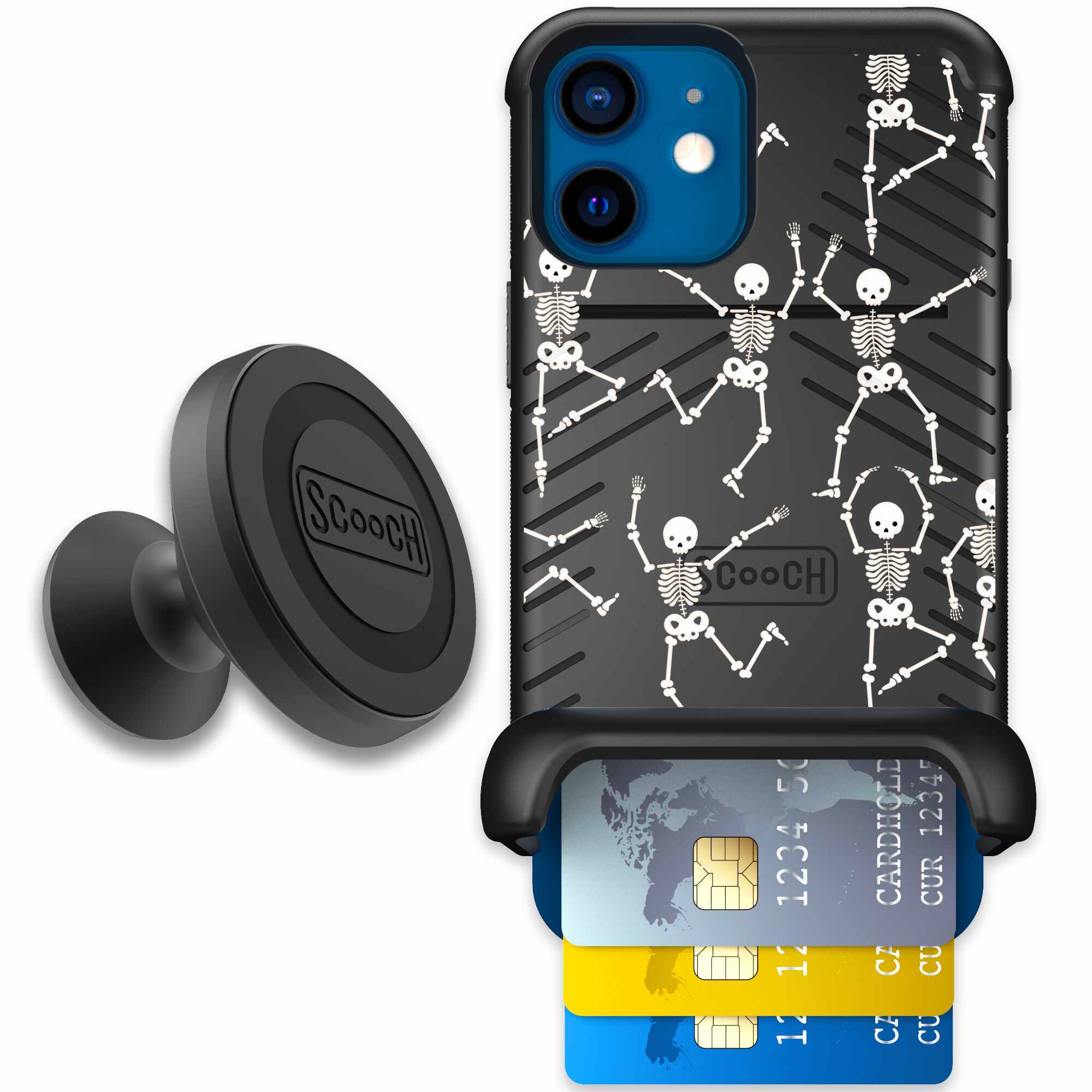 Swinging Skeletons white dancing skeleton pattern on a black Scooch Wingmate case for iPhone 12 mini - Starter Bundle