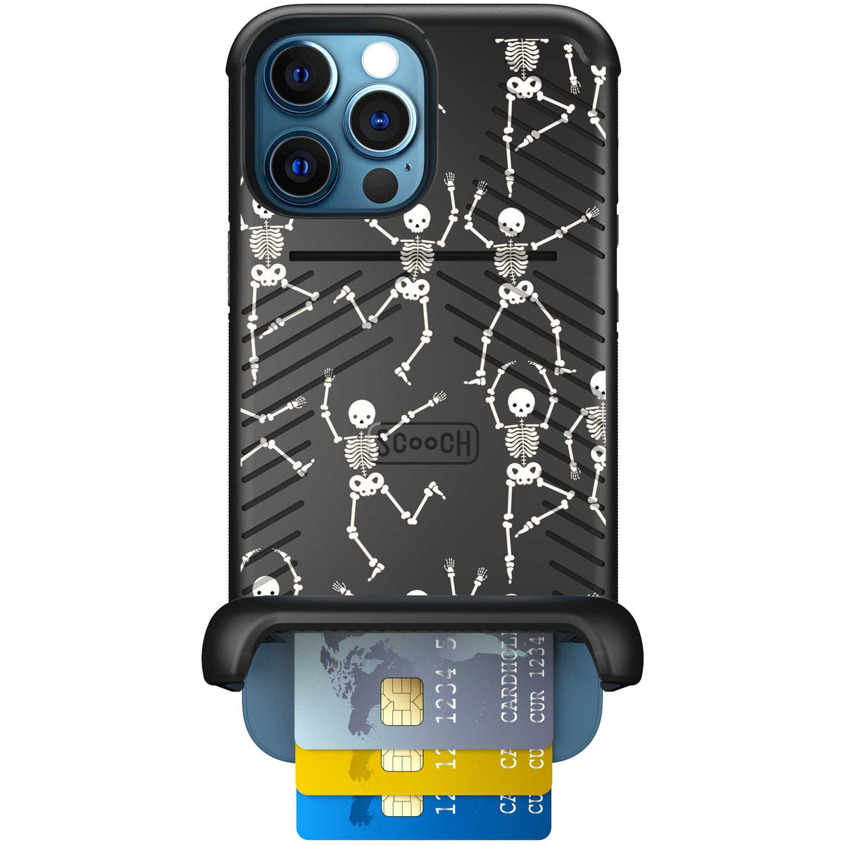 Swinging Skeletons white dancing skeleton pattern on a black Scooch Wingmate case for iPhone 12 Pro Max