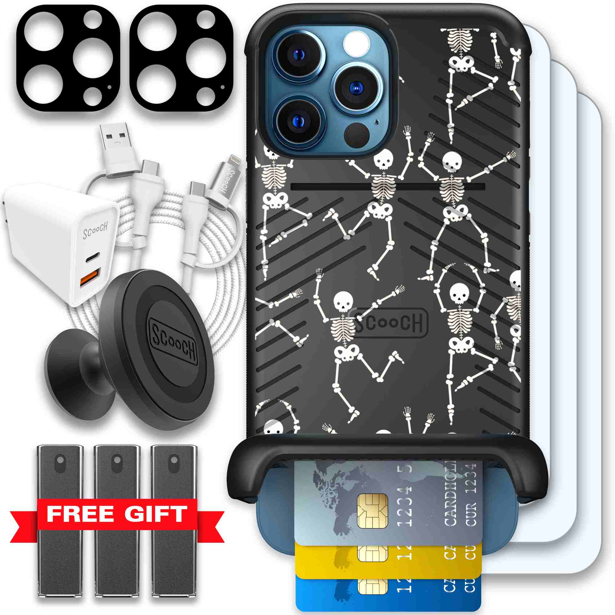 Swinging Skeletons white dancing skeleton pattern on a black Scooch Wingmate case for iPhone 12 Pro Max - Ultimate Bundle