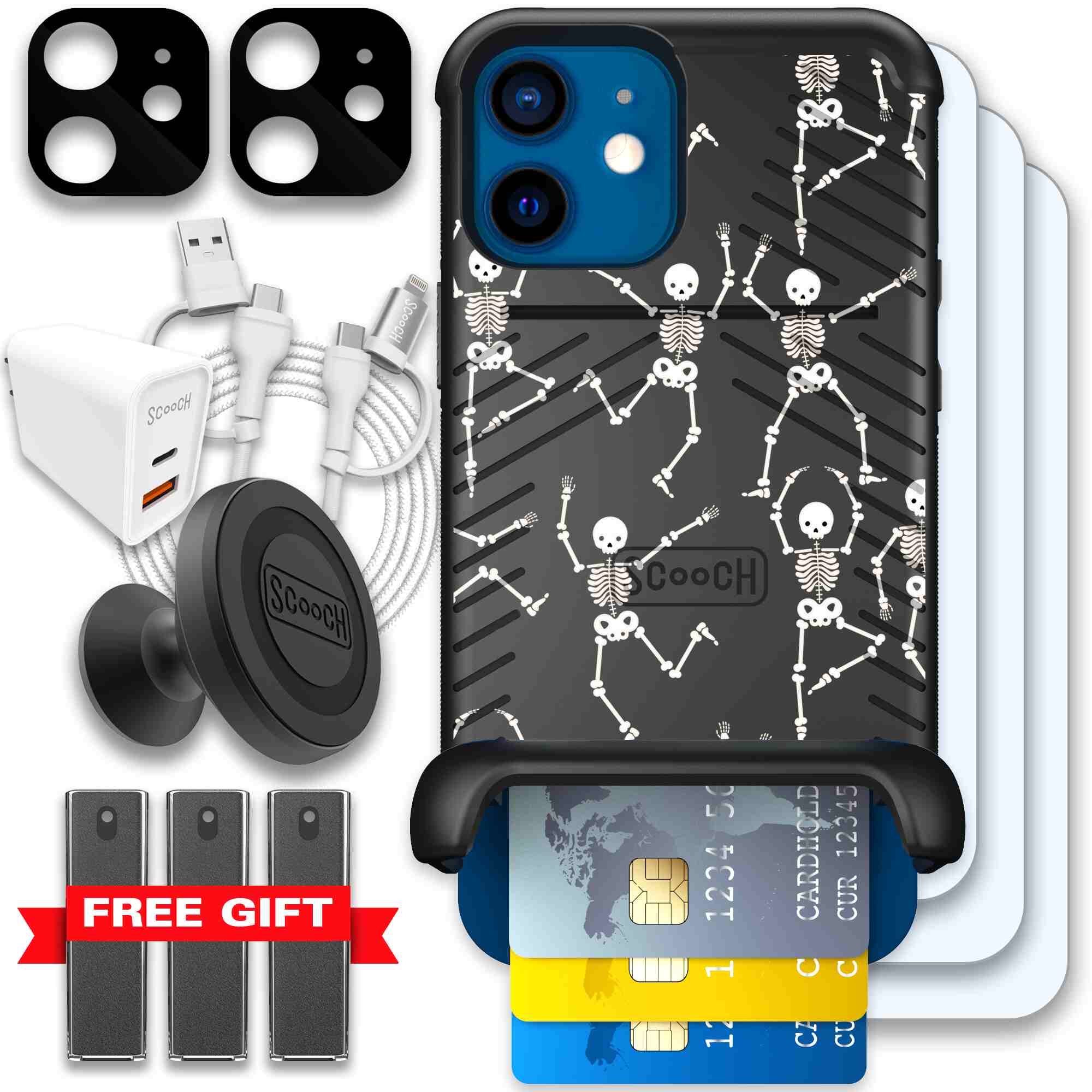 Swinging Skeletons white dancing skeleton pattern on a black Scooch Wingmate case for iPhone 12 - Ultimate Bundle
