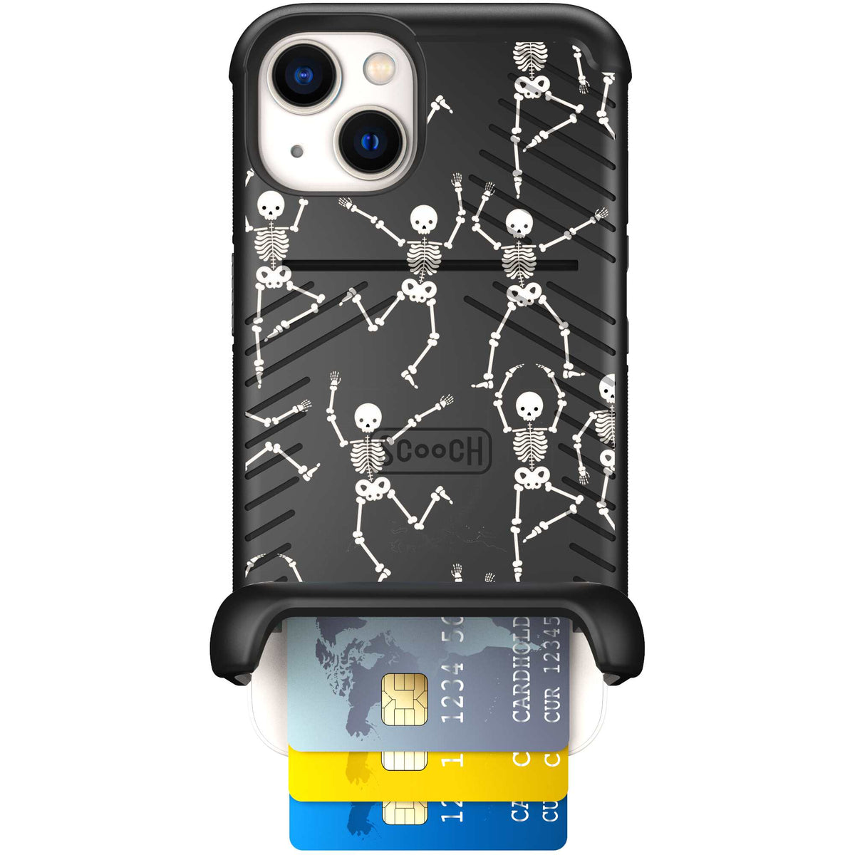 Swinging Skeletons white dancing skeleton pattern on a black Scooch Wingmate case for iPhone 13