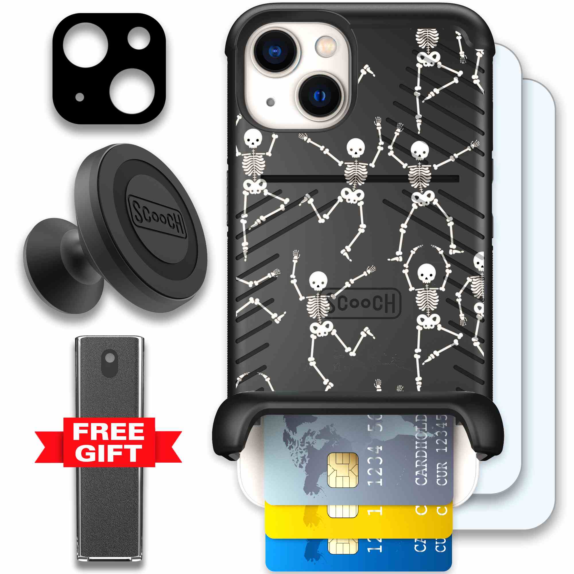 Swinging Skeletons white dancing skeleton pattern on a black Scooch Wingmate case for iPhone 13 - Defender Bundle